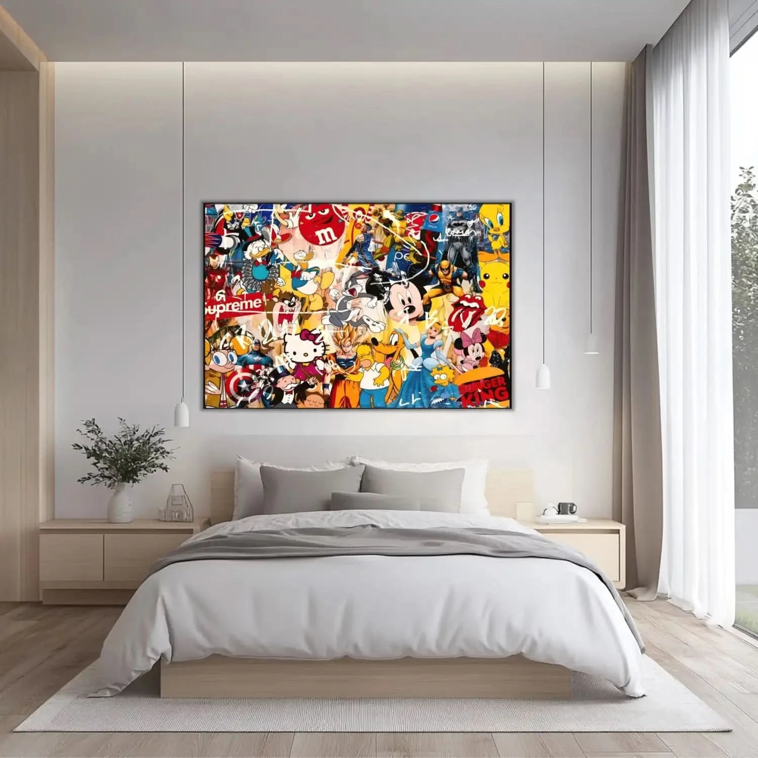 Toile pop art avec personnages iconiques, couleurs vives et énergie ludique, idéale pour salon moderne ou chambre d'adolescen