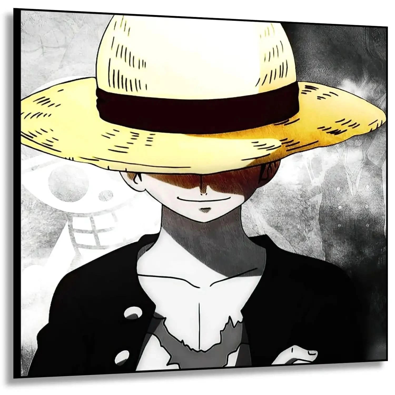 Personnage mystérieux avec chapeau de paille jaune, fond noir et blanc, ambiance intrigante pour salon moderne.