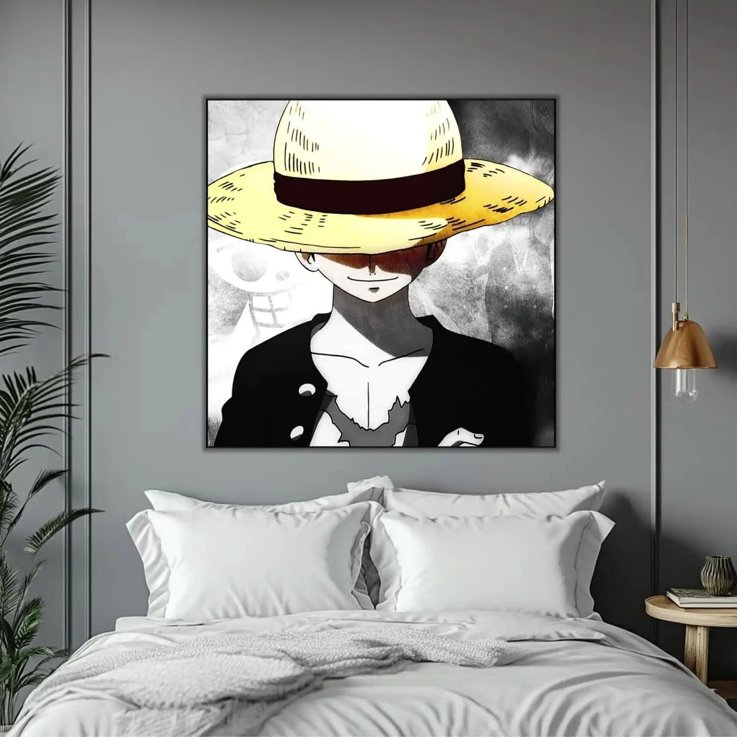 Personnage mystérieux avec chapeau de paille jaune, fond noir et blanc, ambiance intrigante pour salon moderne.