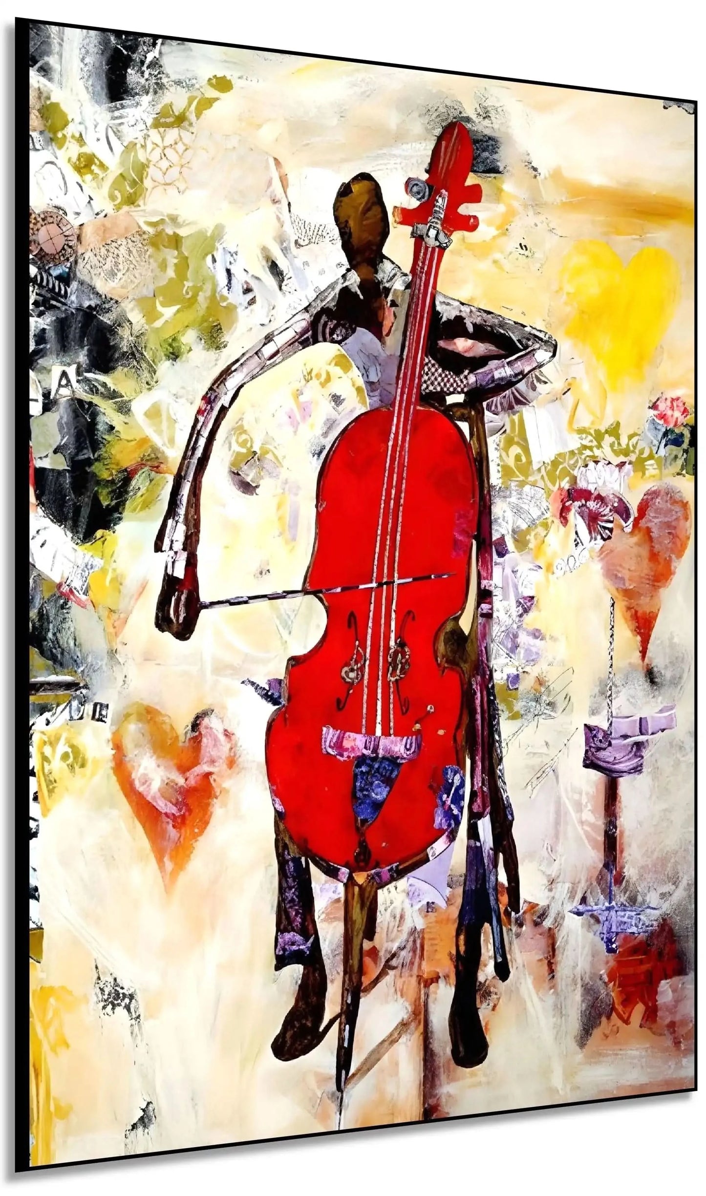 Tableau abstrait avec violoncelle rouge éclatant, nuances de jaune et beige, ambiance dynamique pour salon moderne.