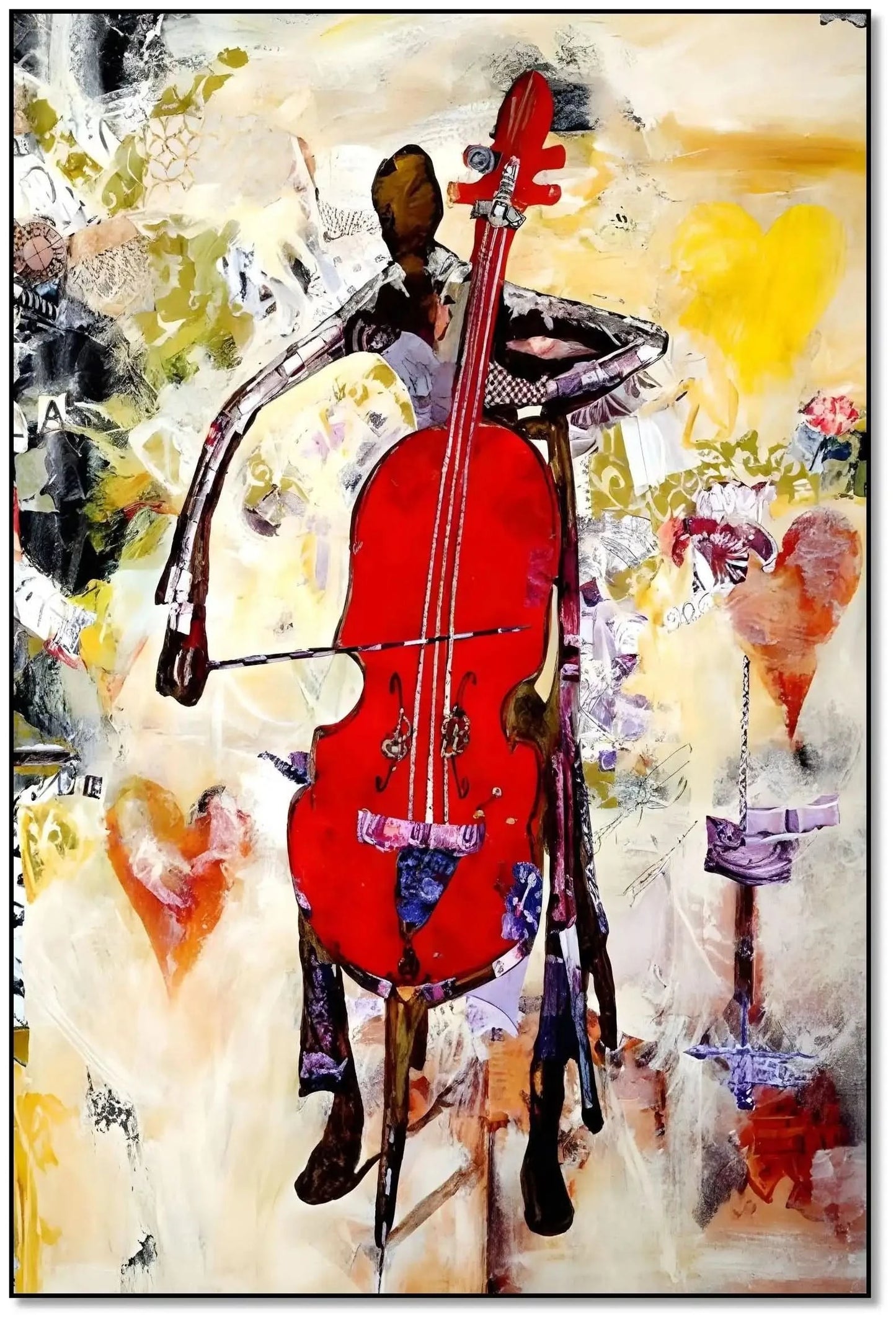 Tableau abstrait avec violoncelle rouge éclatant, nuances de jaune et beige, ambiance dynamique pour salon moderne.