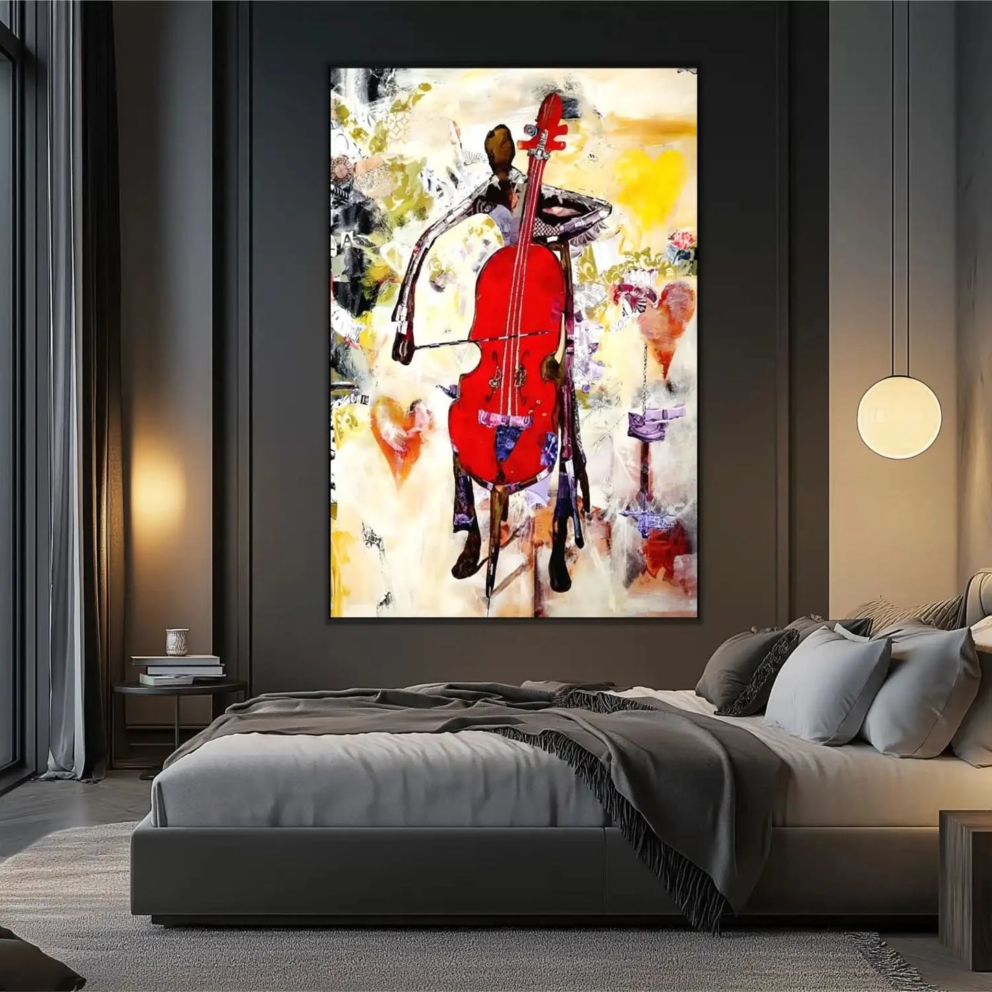 Tableau abstrait avec violoncelle rouge éclatant, nuances de jaune et beige, ambiance dynamique pour salon moderne.