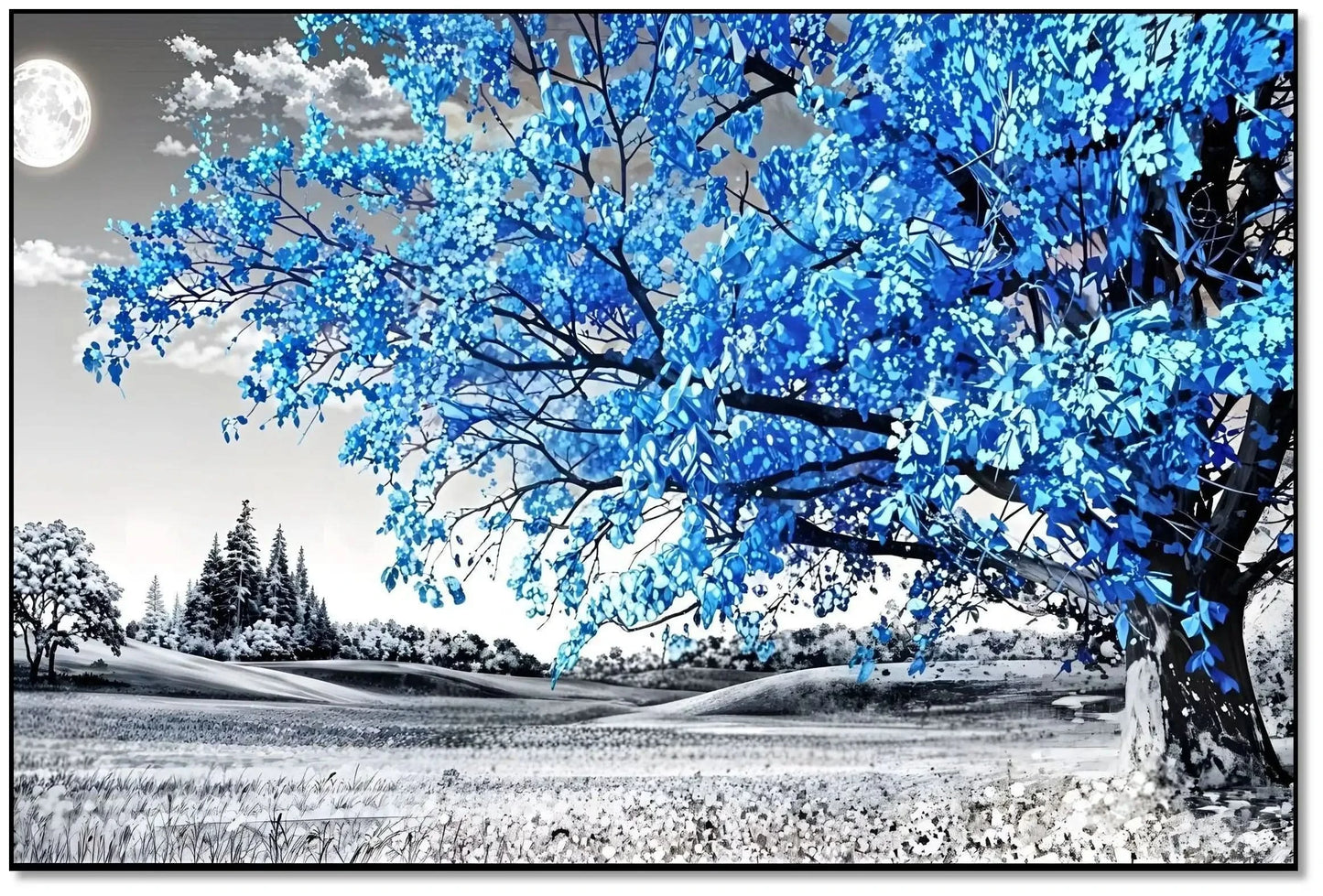 Paysage surréaliste avec arbre bleu lumineux et lune, palette noire et bleue, atmosphère mystérieuse pour chambre ou salon.