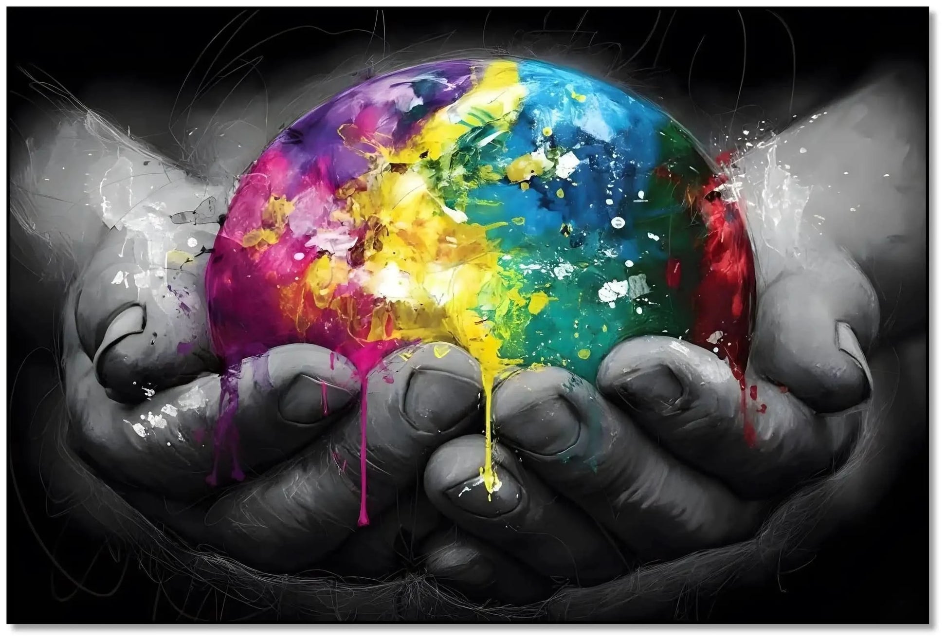 Sphère multicolore avec éclats de jaune, bleu et rose, tenue par des mains en noir et blanc, contraste vibrant et dynamique.