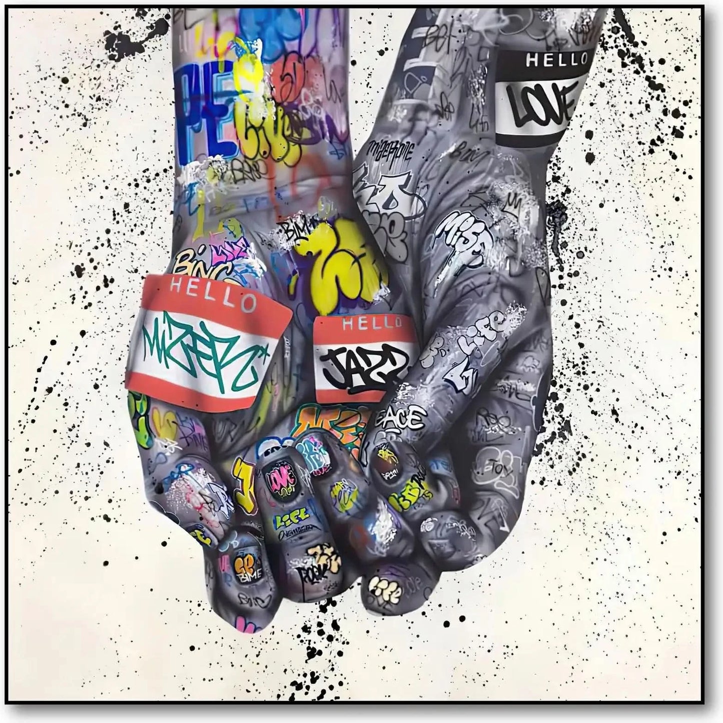 Deux mains entrelacées couvertes de graffitis multicolores, ambiance urbaine et dynamique pour salon moderne ou bureau créati