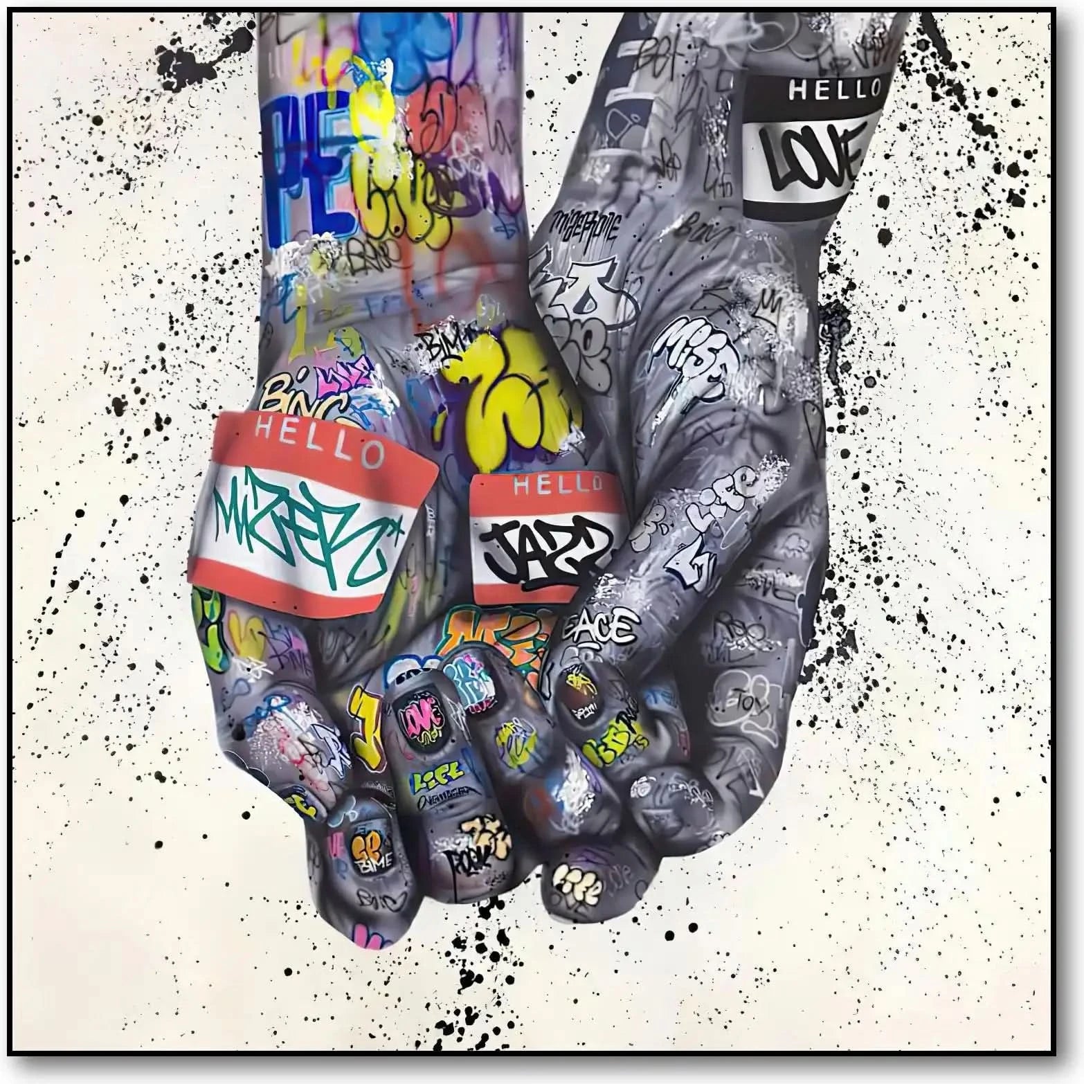 Deux mains entrelacées couvertes de graffitis multicolores, ambiance urbaine et dynamique pour salon moderne ou bureau créati