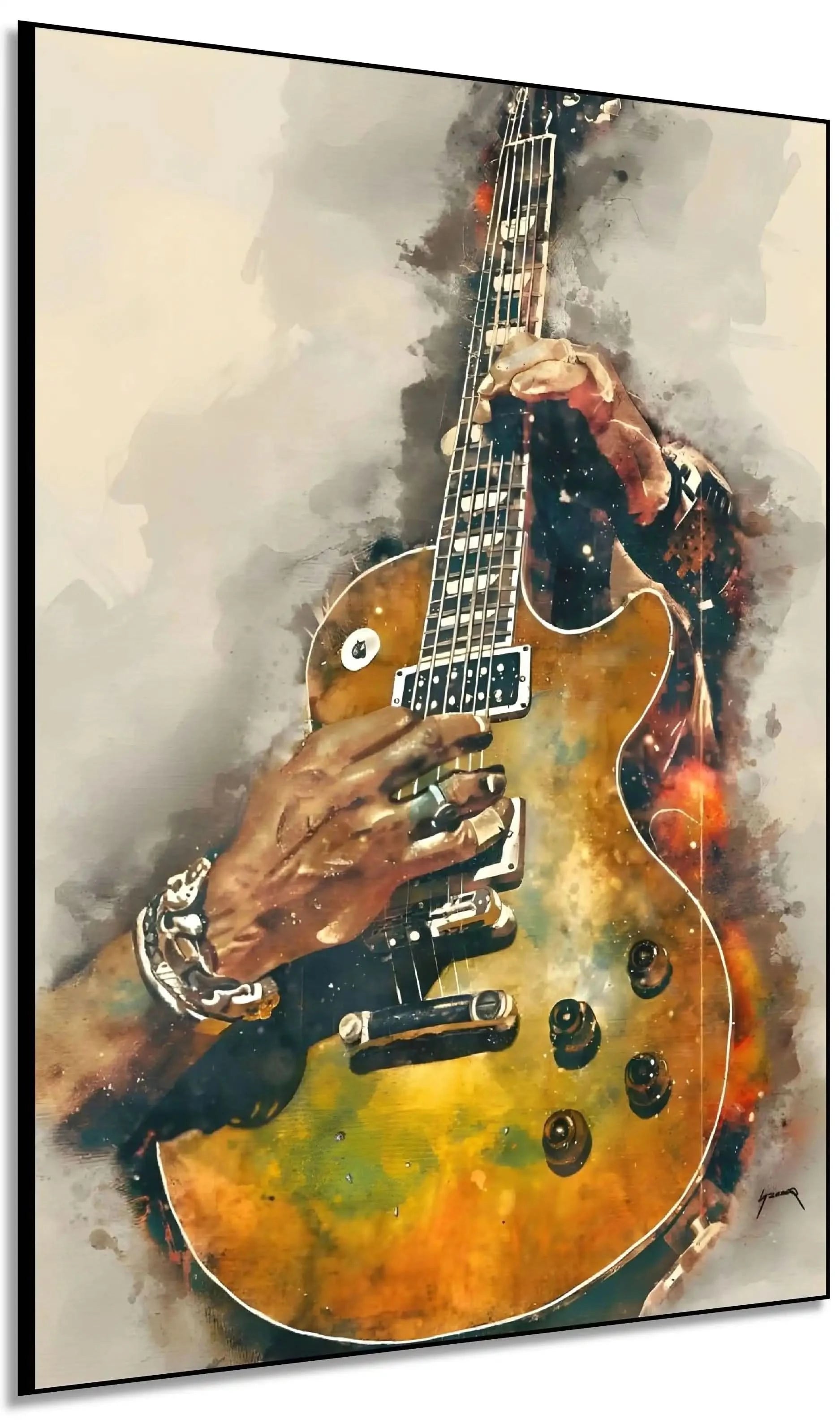 Peinture de guitare électrique aux nuances dorées et noires, ambiance musicale et énergique pour salon moderne.