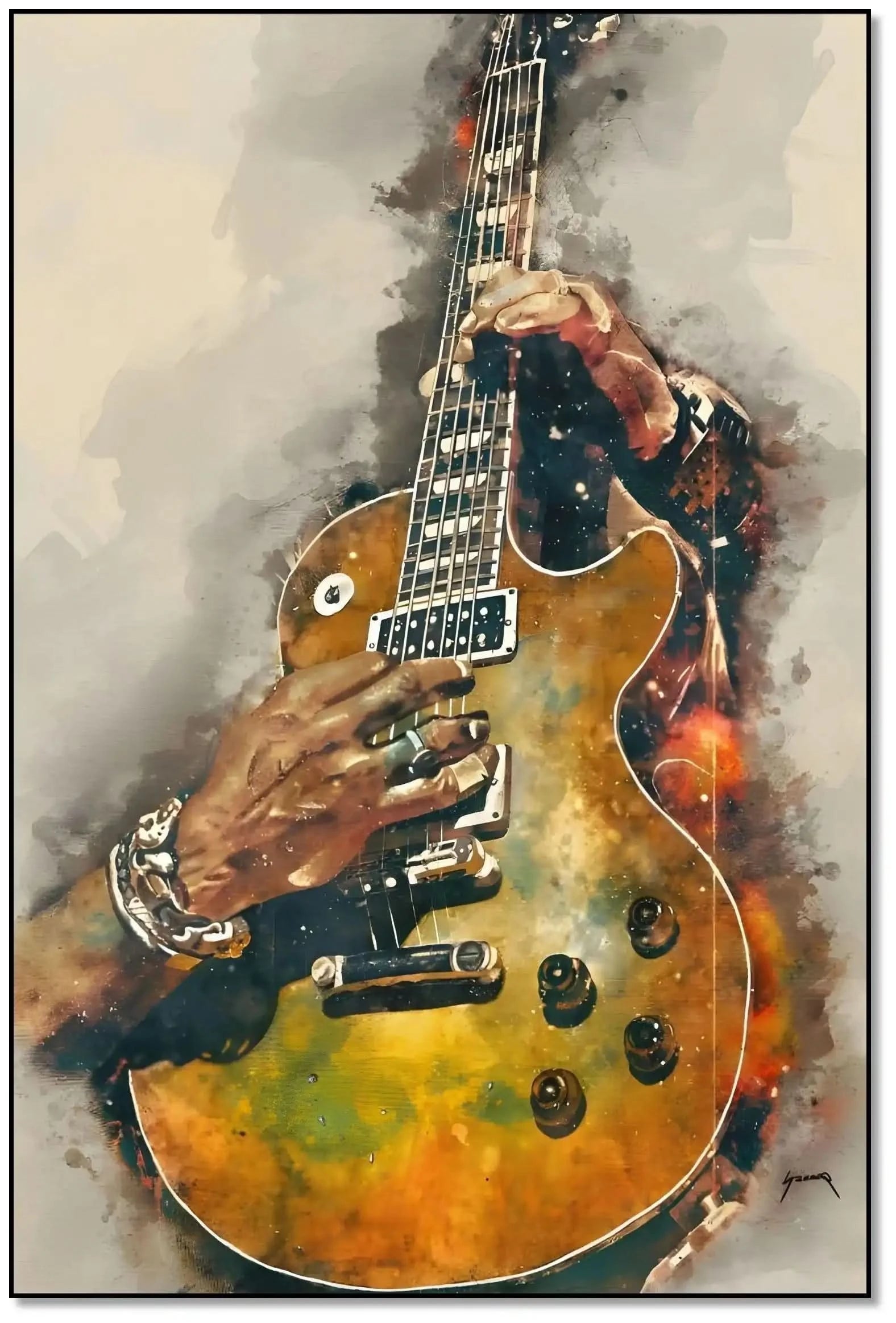 Peinture de guitare électrique aux nuances dorées et noires, ambiance musicale et énergique pour salon moderne.