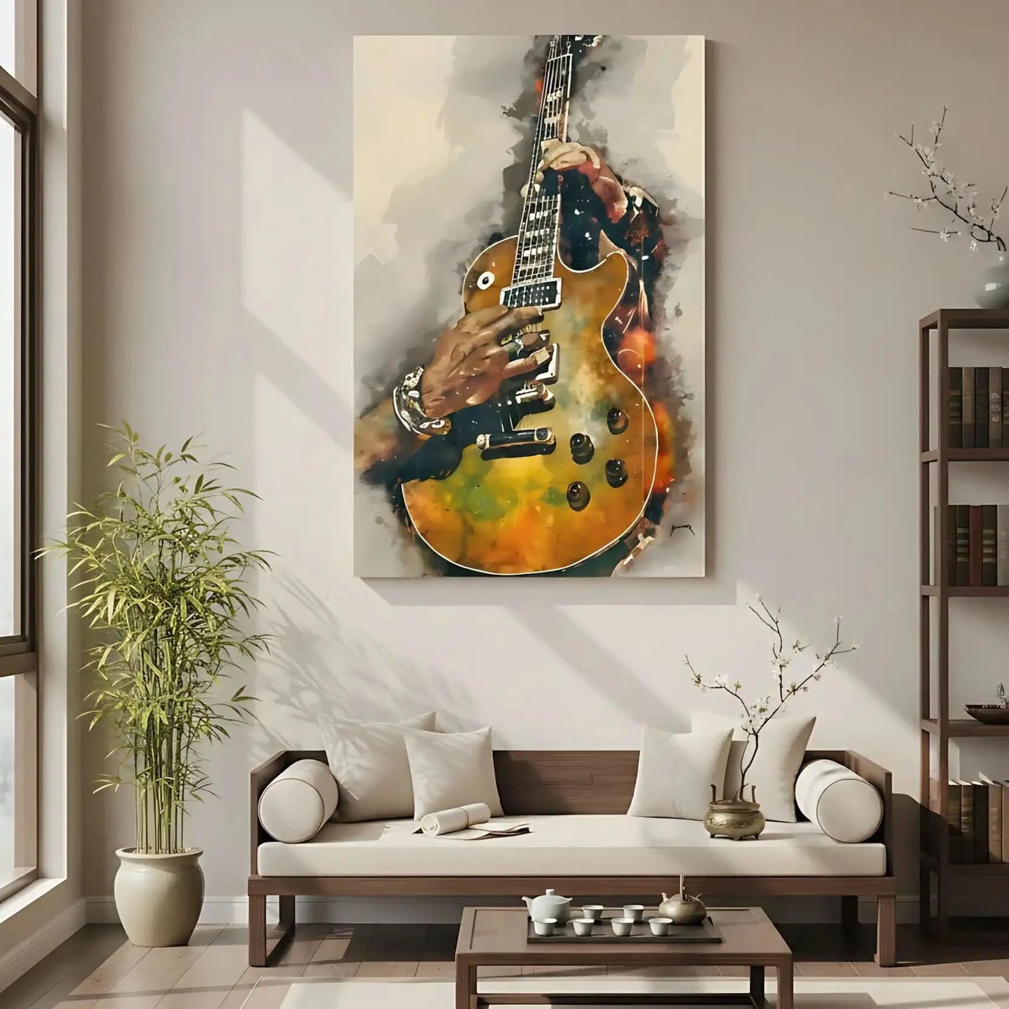 Peinture de guitare électrique aux nuances dorées et noires, ambiance musicale et énergique pour salon moderne.