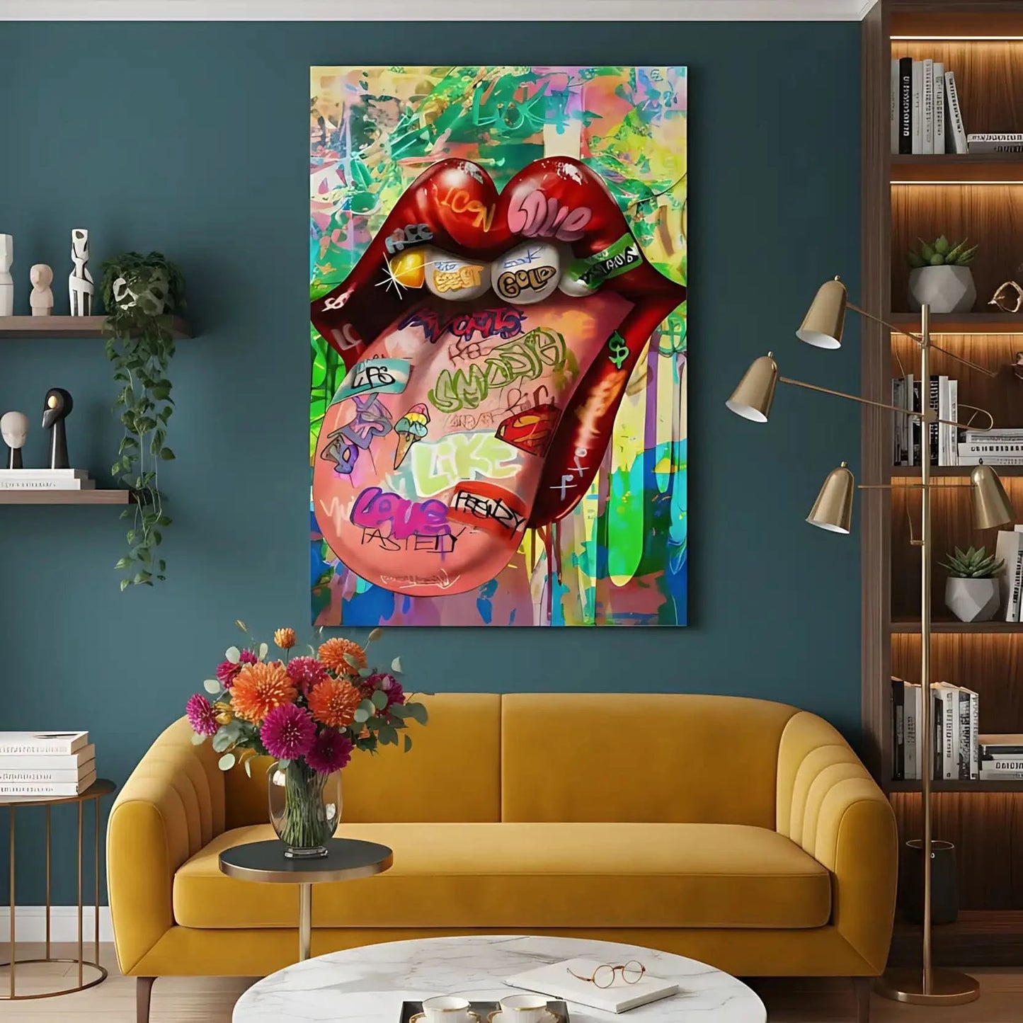 Tableau pop art avec bouche rouge vif et graffitis multicolores, ambiance urbaine et dynamique pour salon moderne.
