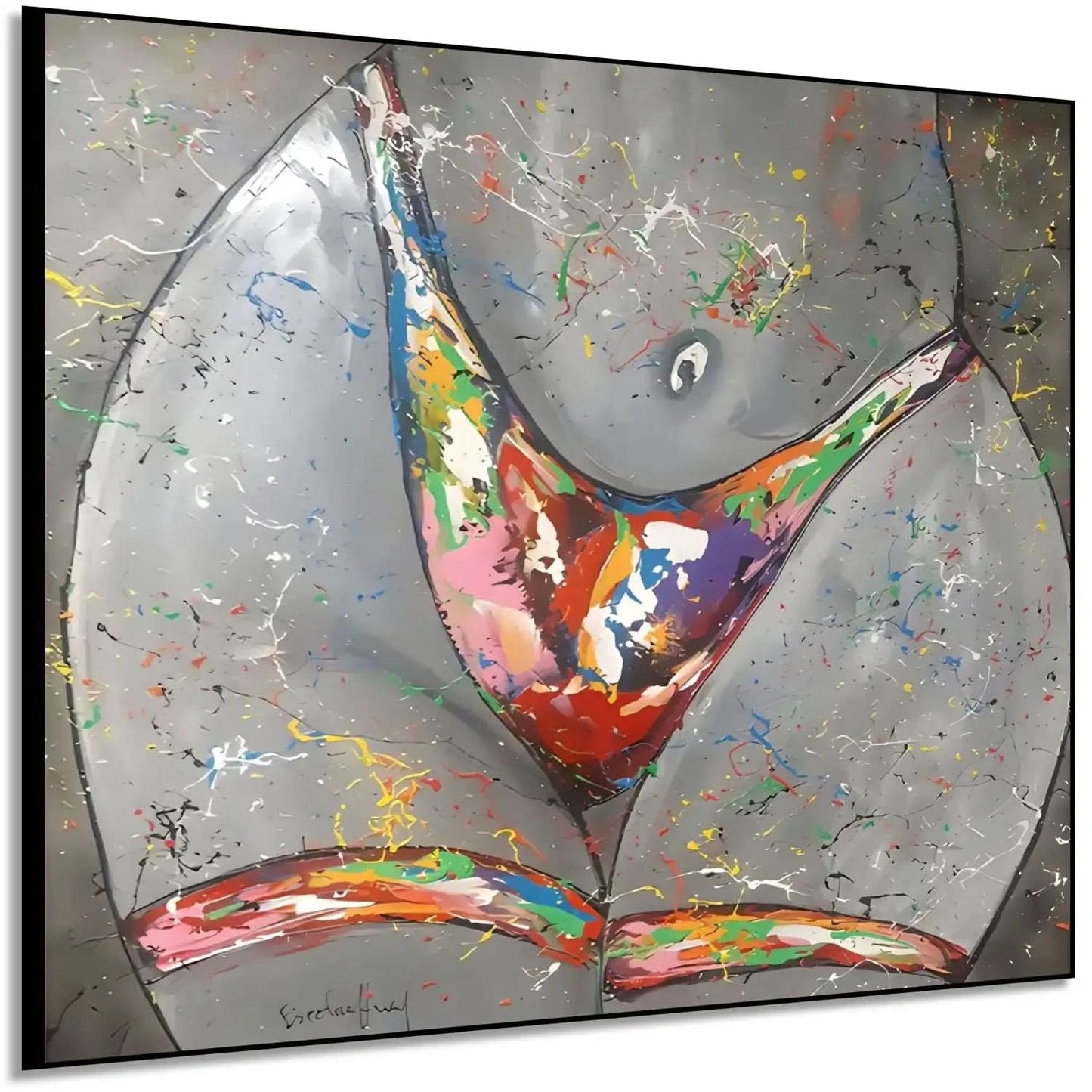 Silhouette féminine stylisée avec éclaboussures multicolores sur fond gris, énergie vibrante pour salon moderne.
