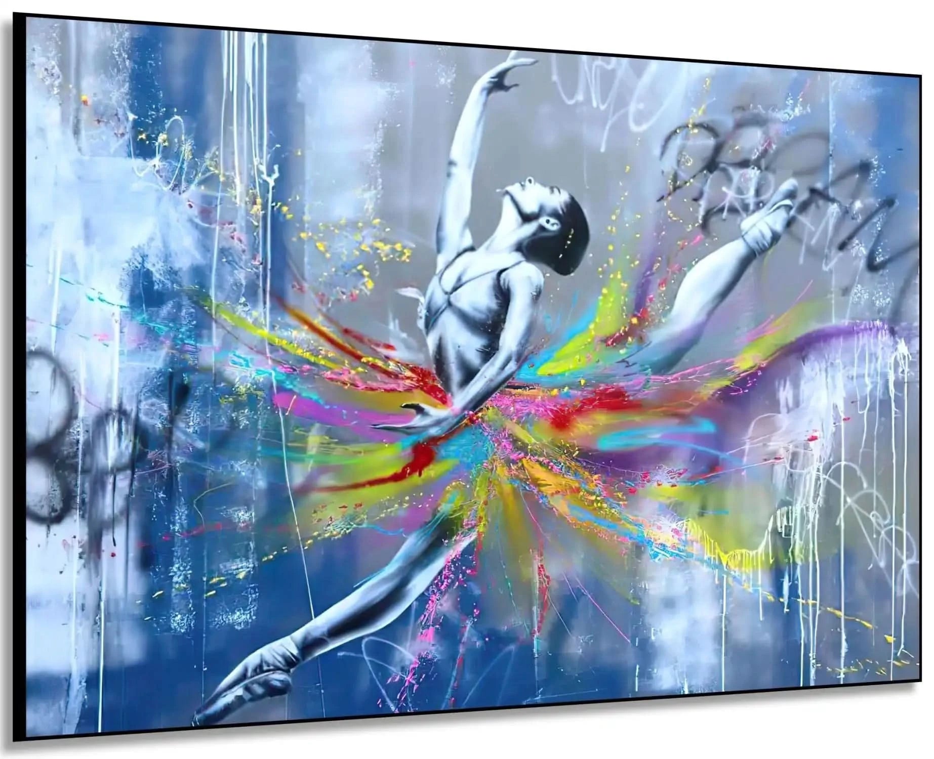 Danseuse en mouvement avec tourbillon de couleurs vives, fond gris et blanc, ambiance dynamique et inspirante pour salon mode