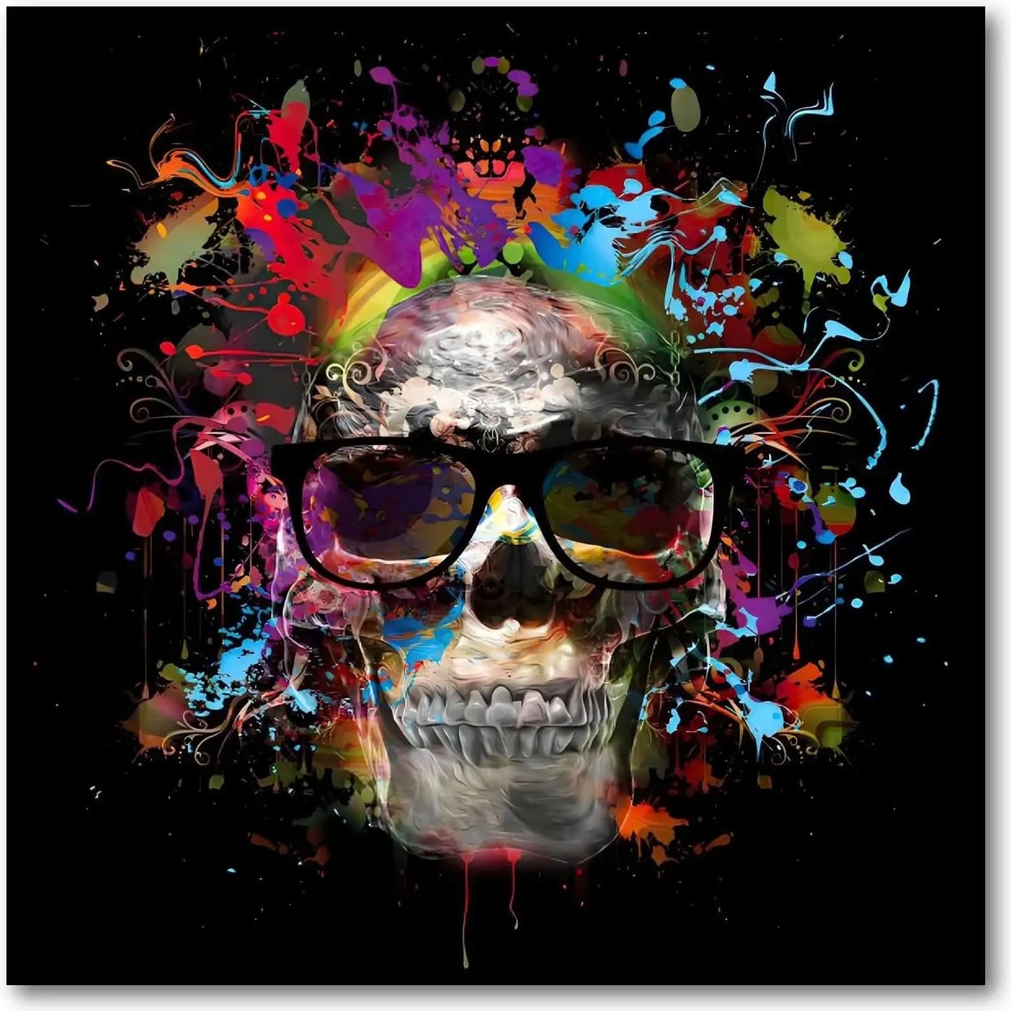 Crâne pop art avec lunettes noires, entouré d'éclaboussures multicolores sur fond noir, ambiance dynamique et moderne.