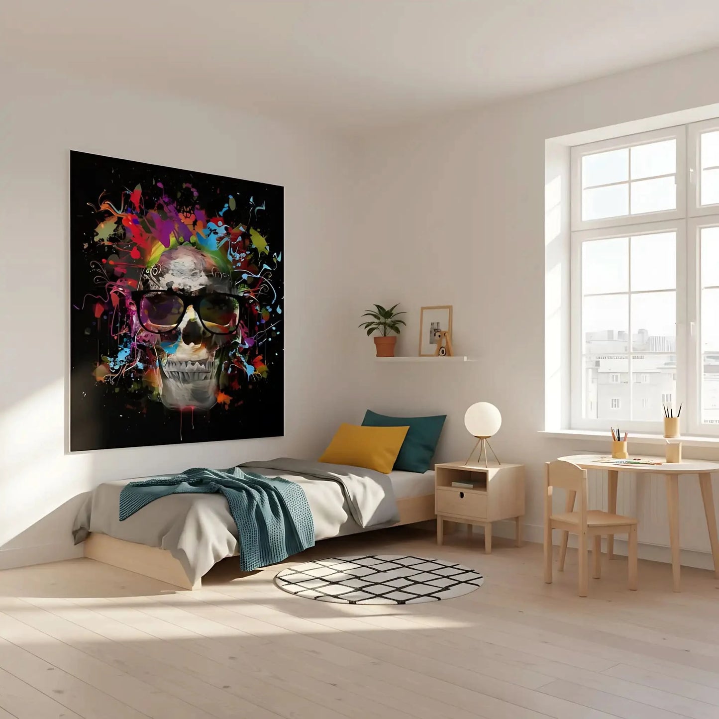 Crâne pop art avec lunettes noires, entouré d'éclaboussures multicolores sur fond noir, ambiance dynamique et moderne.