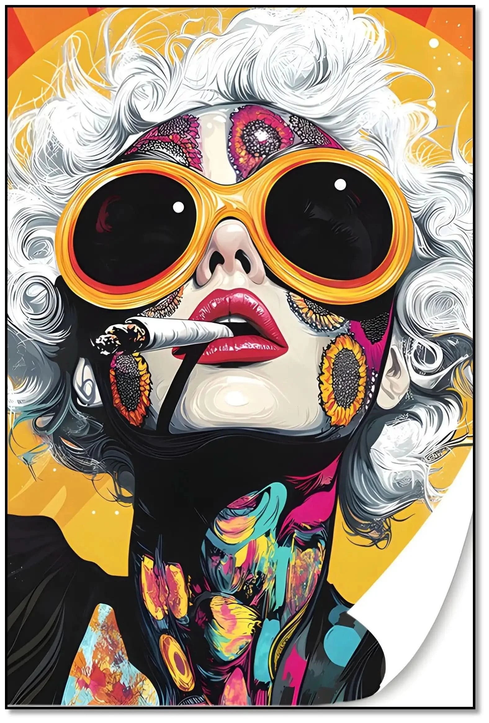 Portrait pop art d'une femme aux cheveux blancs, lunettes orange, motifs floraux et couleurs vives, ambiance énergique.