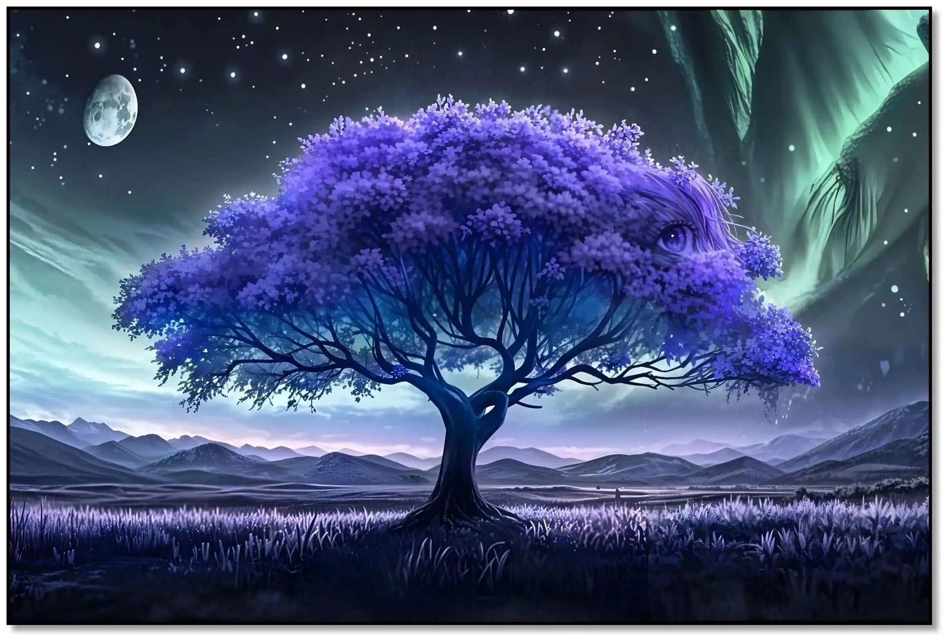 Arbre surréaliste violet avec visage caché sous une aurore, palette bleue et turquoise; atmosphère mystérieuse pour chambre.