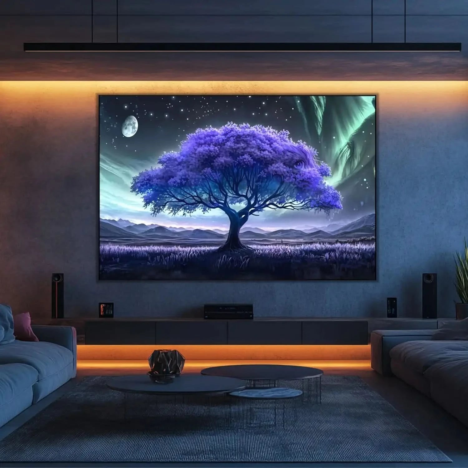Arbre surréaliste violet avec visage caché sous une aurore, palette bleue et turquoise; atmosphère mystérieuse pour chambre.