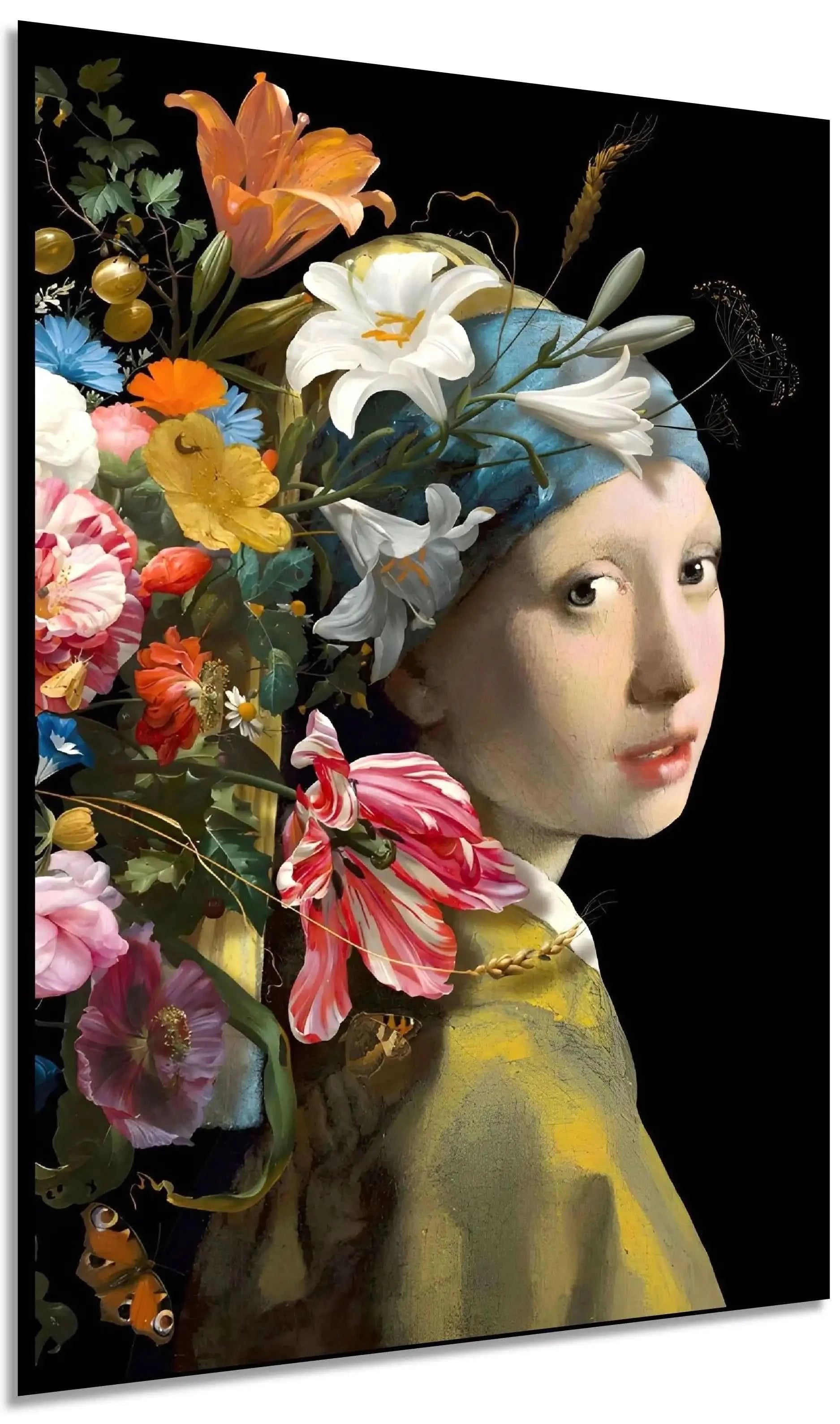 Portrait classique avec explosion florale multicolore sur fond noir, ambiance élégante et mystérieuse pour salon ou chambre.