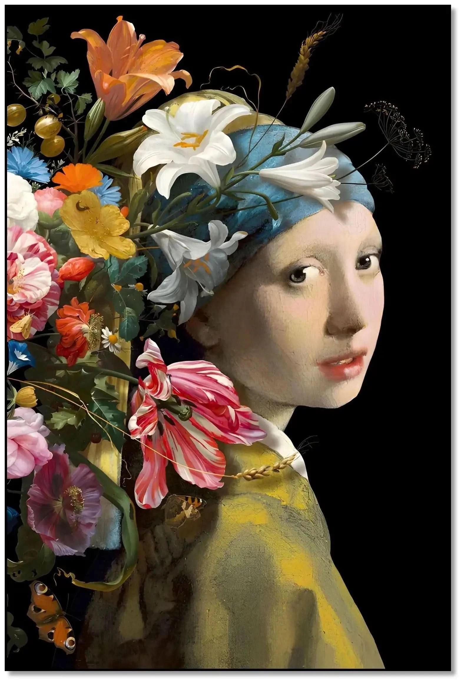 Portrait classique avec explosion florale multicolore sur fond noir, ambiance élégante et mystérieuse pour salon ou chambre.