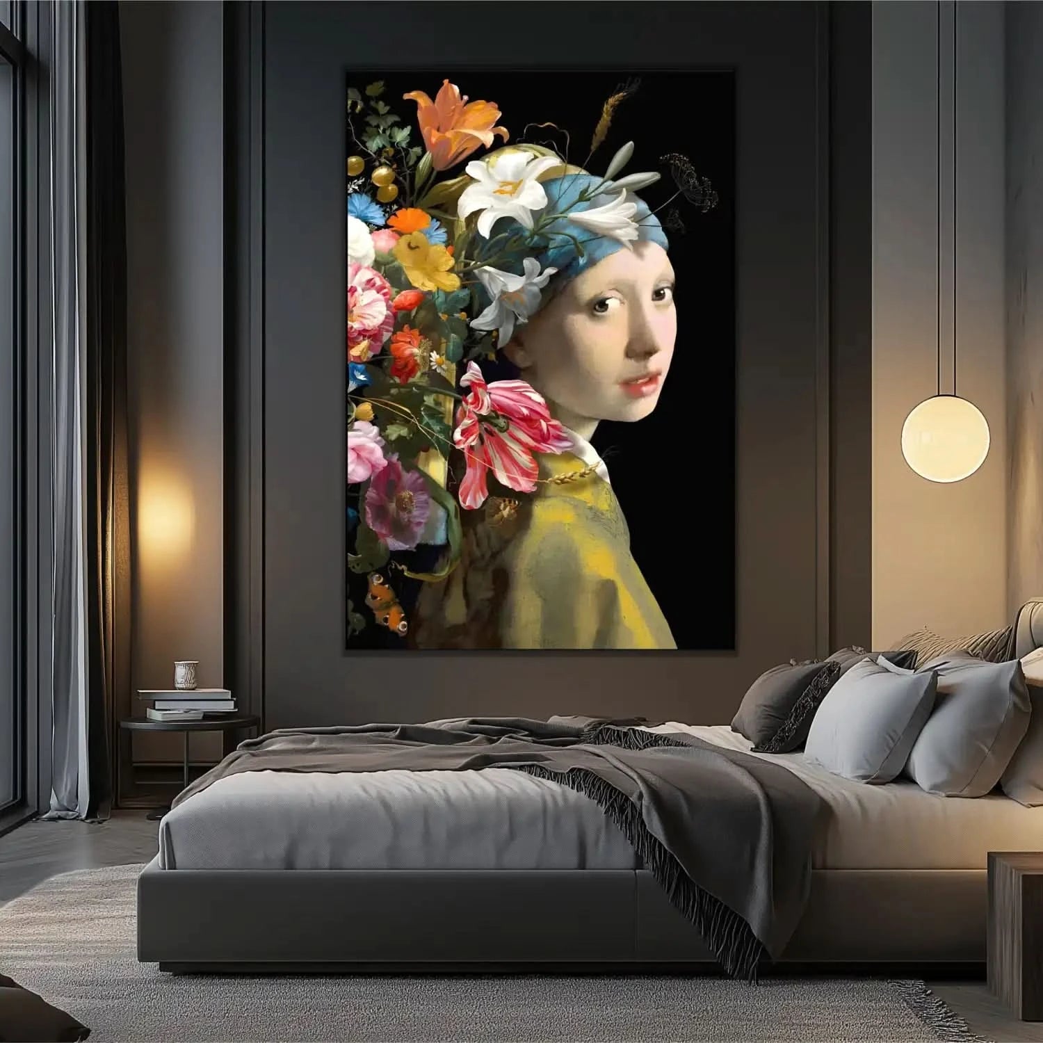 Portrait classique avec explosion florale multicolore sur fond noir, ambiance élégante et mystérieuse pour salon ou chambre.