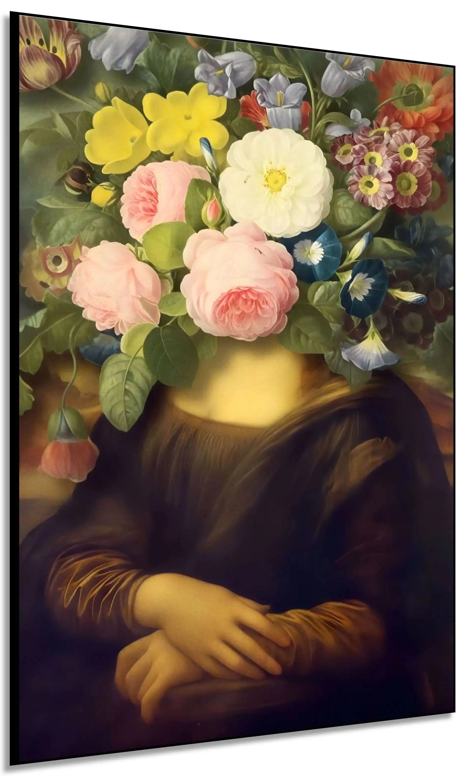 Tableau surréaliste avec visage remplacé par des fleurs éclatantes, ambiance mystérieuse et apaisante pour salon ou chambre.