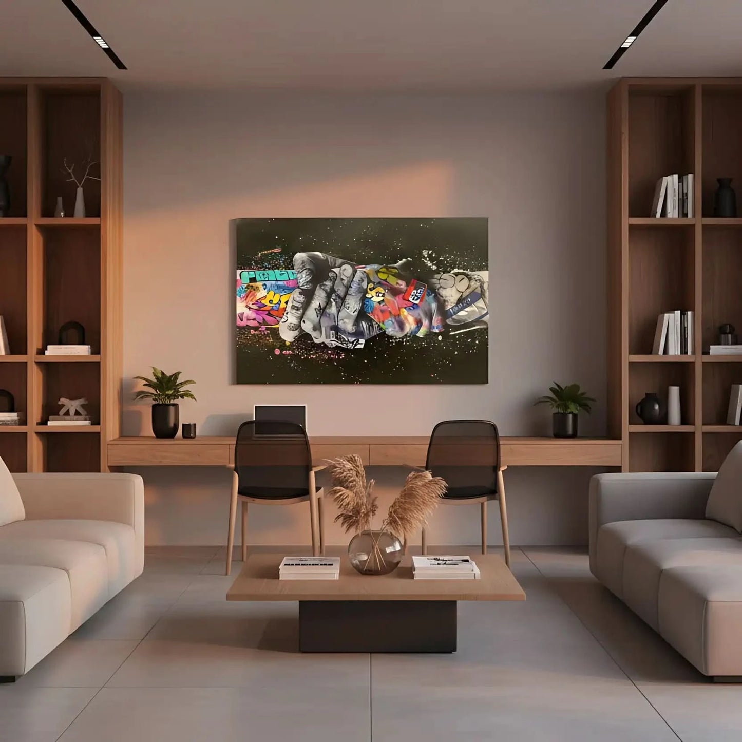 Tableau street art avec poignée de main, graffitis multicolores, ambiance urbaine et dynamique pour salon moderne ou bureau.