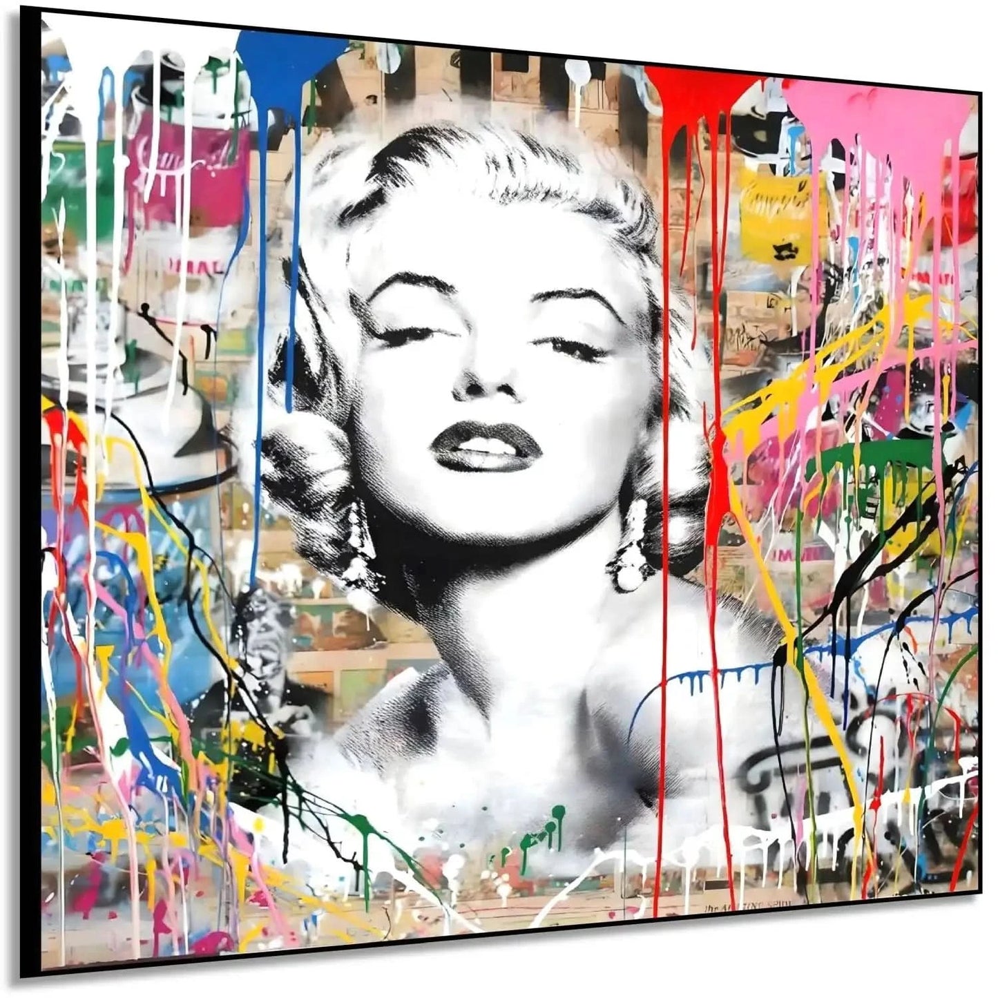 Portrait pop art en noir et blanc avec coulures de peinture multicolores, ambiance urbaine et dynamique pour salon moderne.