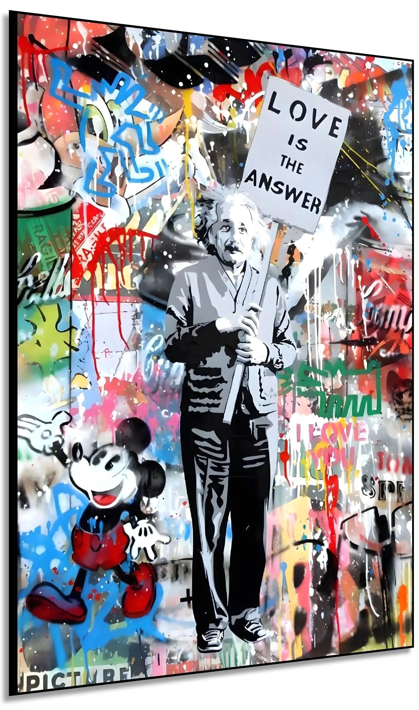 Toile pop art avec message d'amour, couleurs vives et personnages iconiques, idéale pour salon ou bureau moderne.