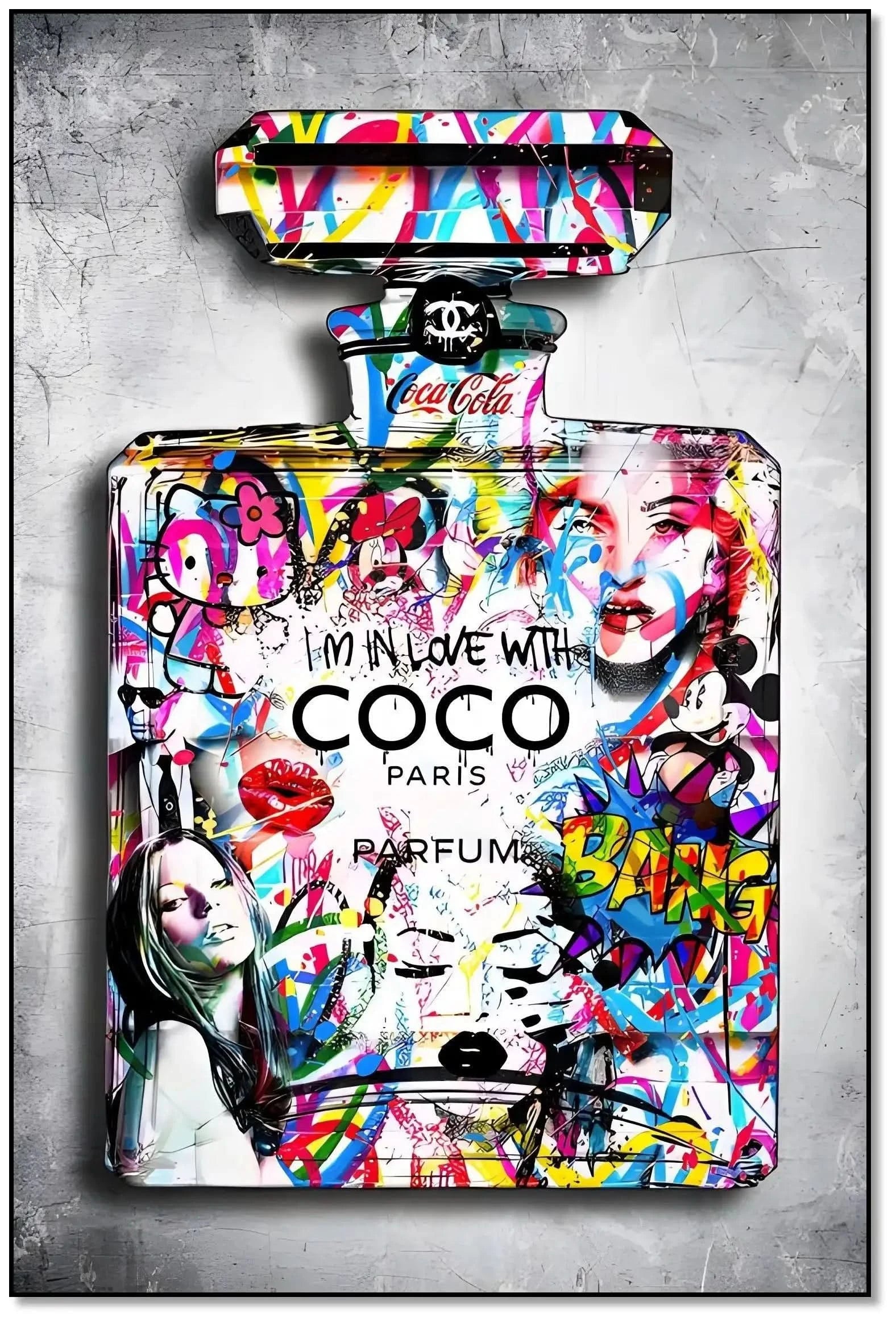 Flacon de parfum Pop Art avec graffitis multicolores, ambiance dynamique et moderne pour salon ou bureau.