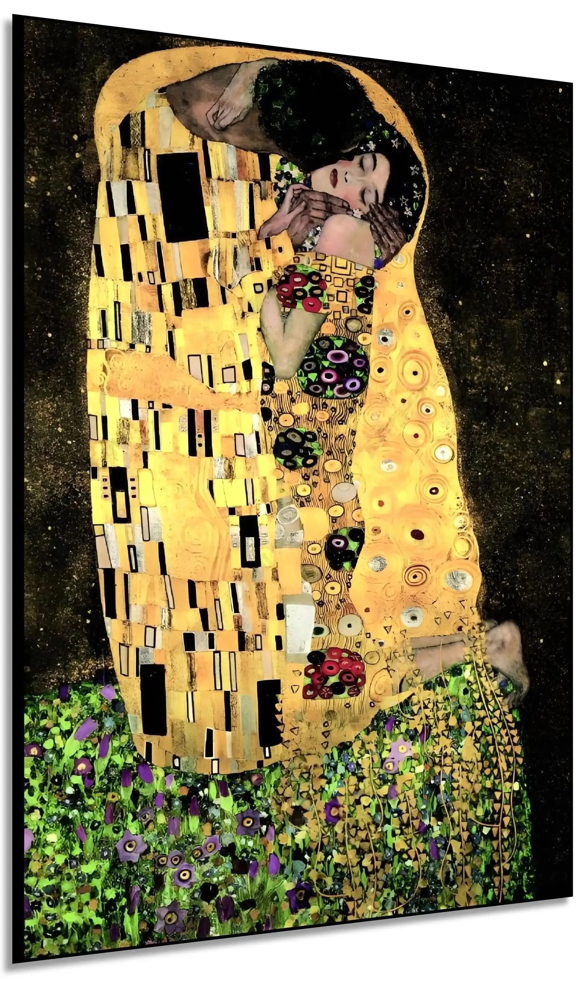 Couple enlacé avec motifs dorés et noirs, ambiance romantique et mystérieuse, idéal pour salon ou chambre élégante.