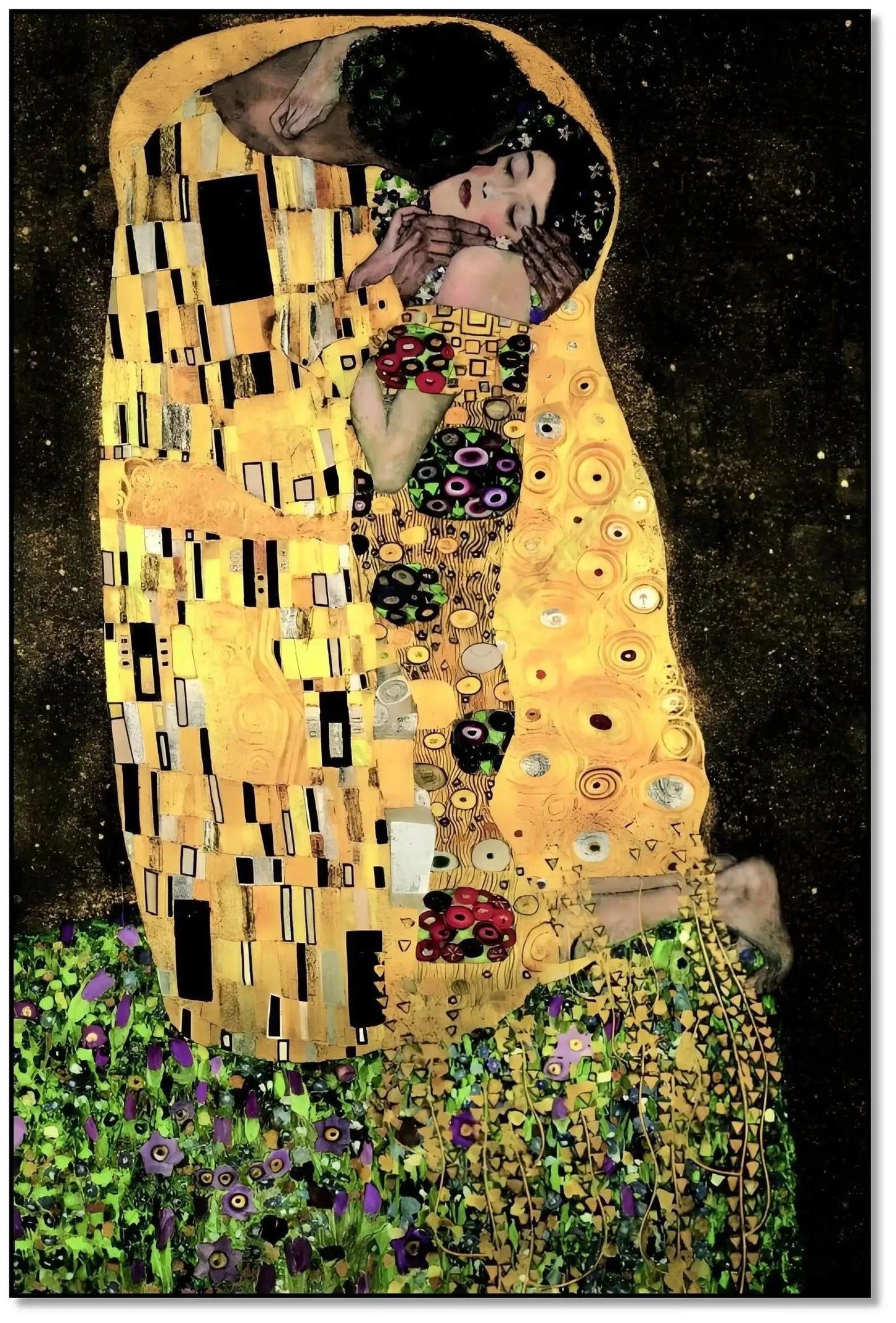 Couple enlacé avec motifs dorés et noirs, ambiance romantique et mystérieuse, idéal pour salon ou chambre élégante.