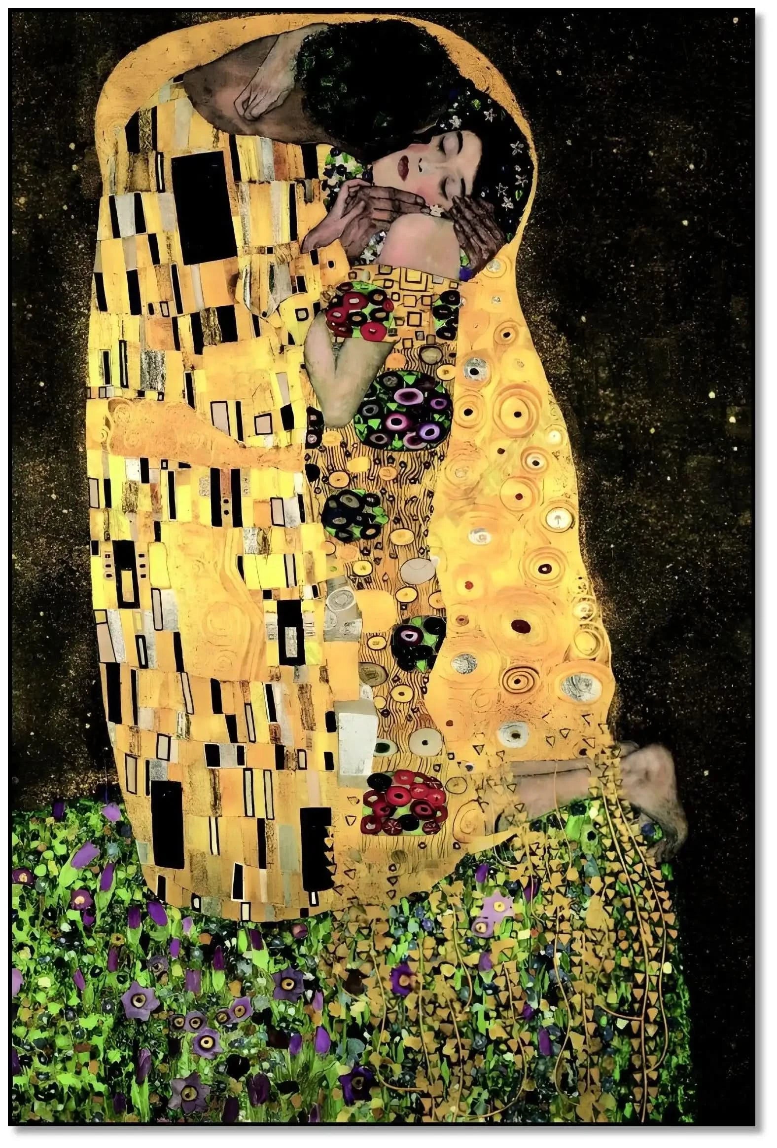 Couple enlacé avec motifs dorés et noirs, ambiance romantique et mystérieuse, idéal pour salon ou chambre élégante.