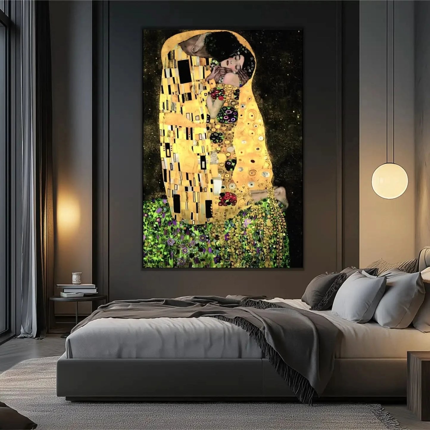 Couple enlacé avec motifs dorés et noirs, ambiance romantique et mystérieuse, idéal pour salon ou chambre élégante.