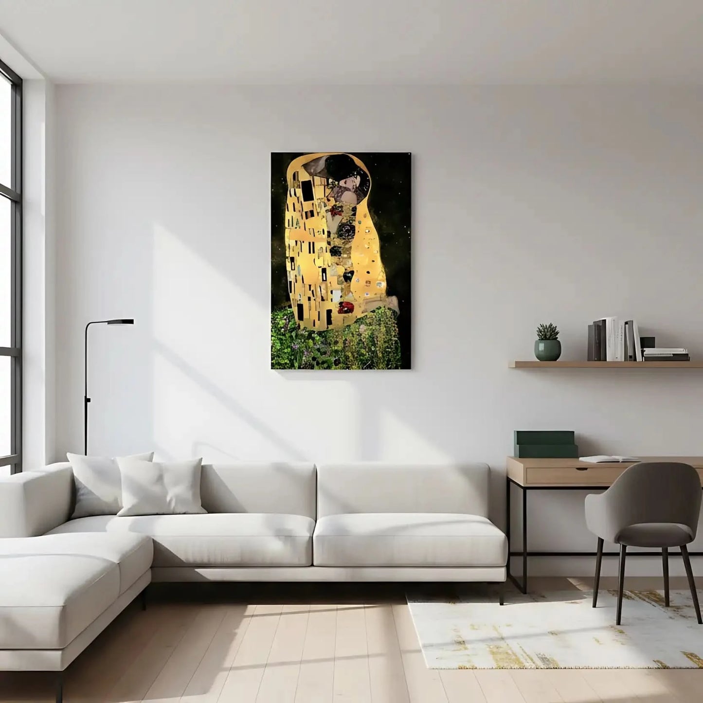 Couple enlacé avec motifs dorés et noirs, ambiance romantique et mystérieuse, idéal pour salon ou chambre élégante.