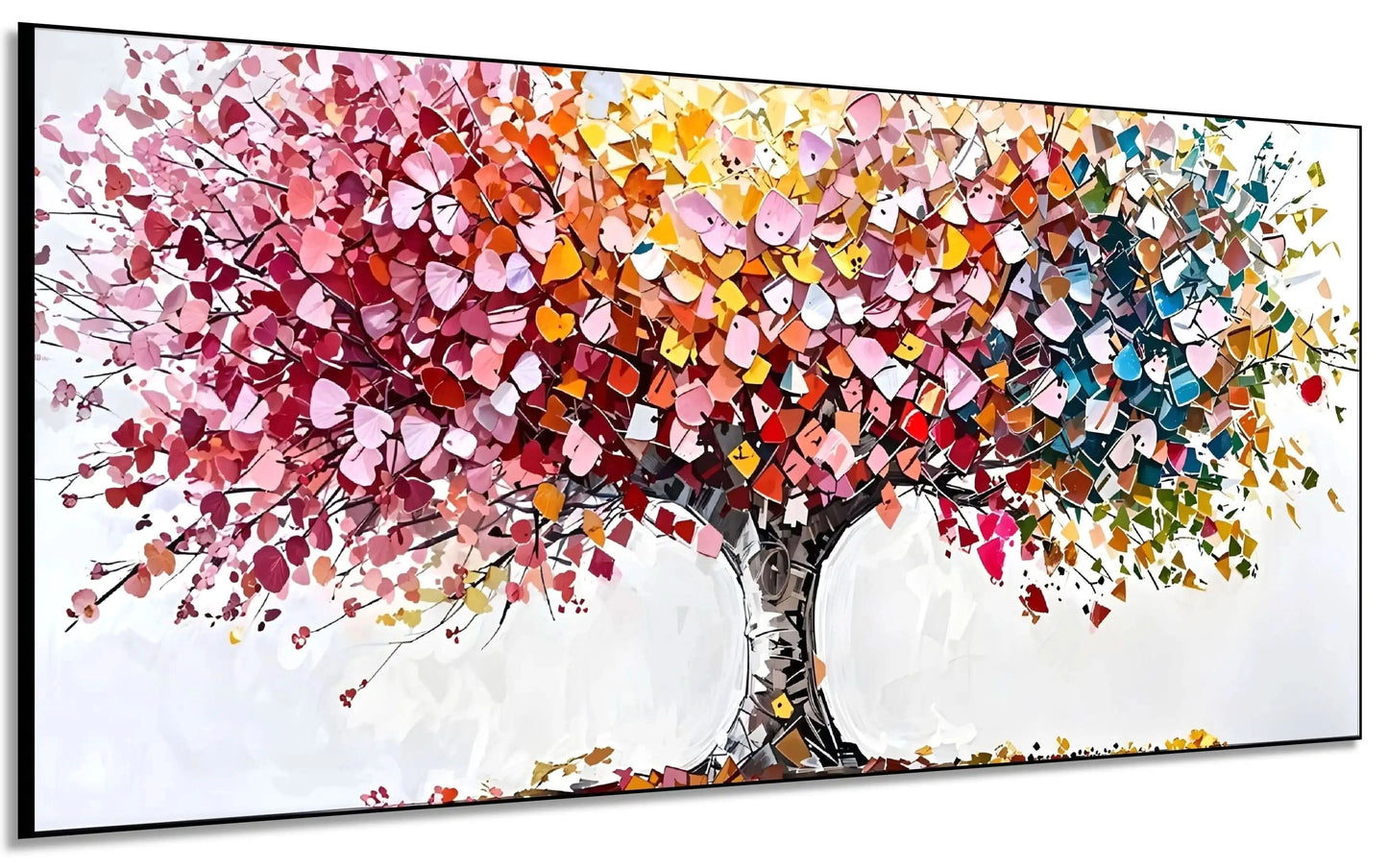Arbre abstrait aux pétales multicolores disposés en collage, apportant vitalité et joie pour salon ou salle à manger.