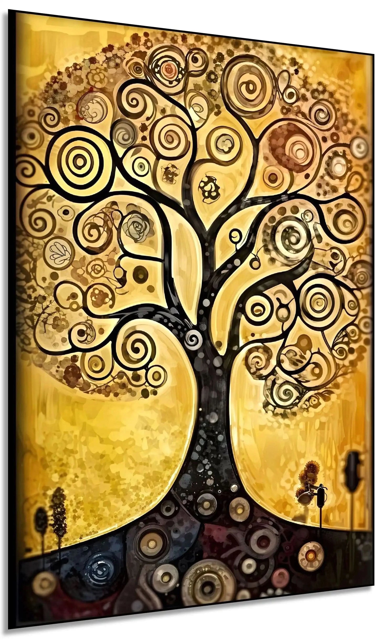 Arbre de vie stylisé aux spirales noires sur fond doré, ambiance mystique et chaleureuse pour salon ou bureau.