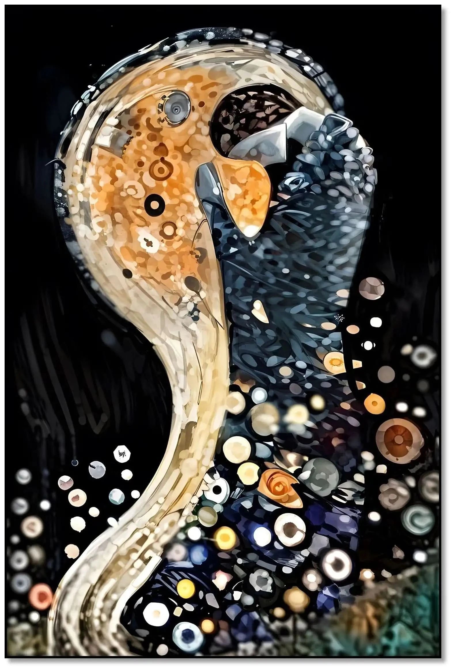 Tableau abstrait avec formes circulaires, teintes dorées et noires, ambiance mystérieuse pour salon moderne ou bureau.