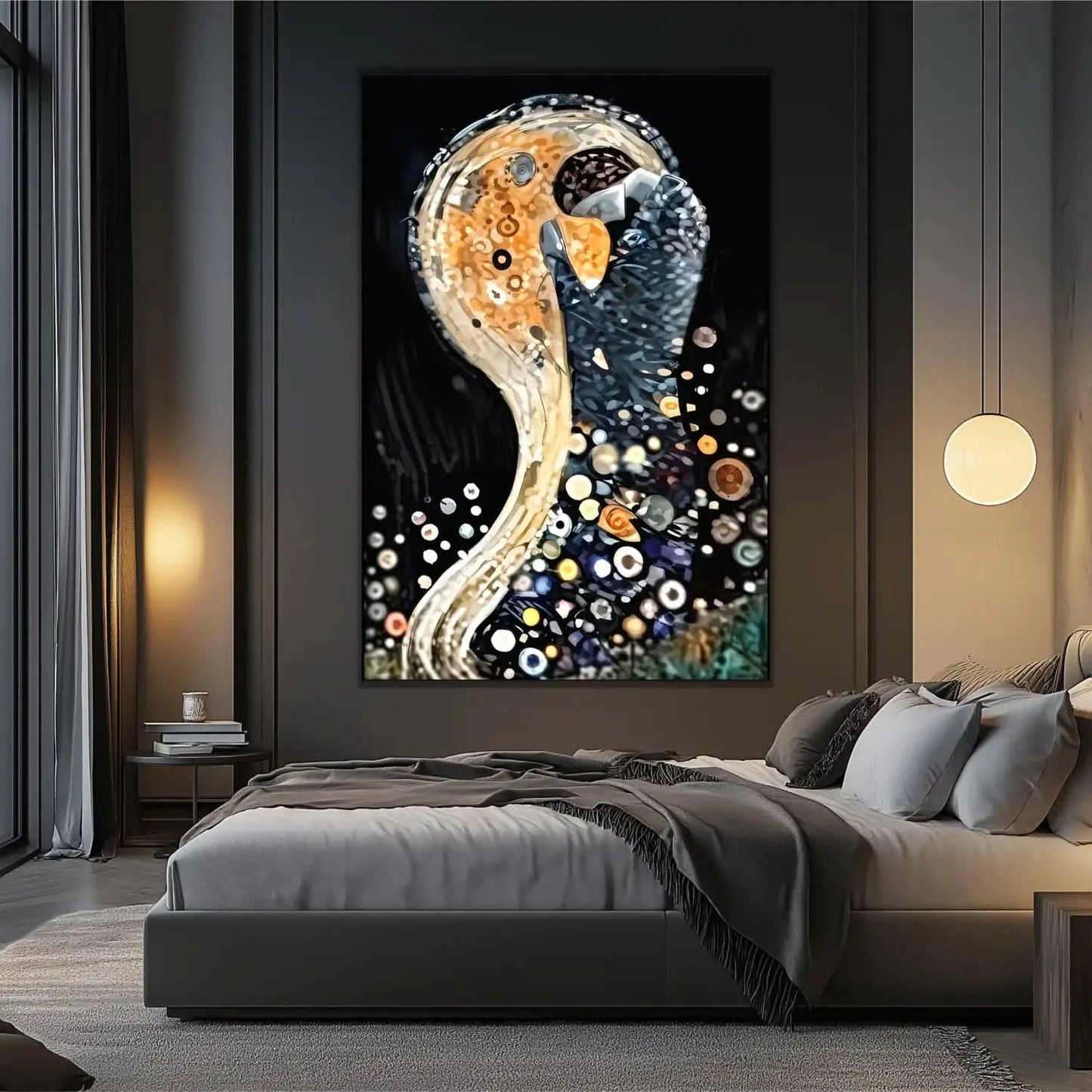 Tableau abstrait avec formes circulaires, teintes dorées et noires, ambiance mystérieuse pour salon moderne ou bureau.