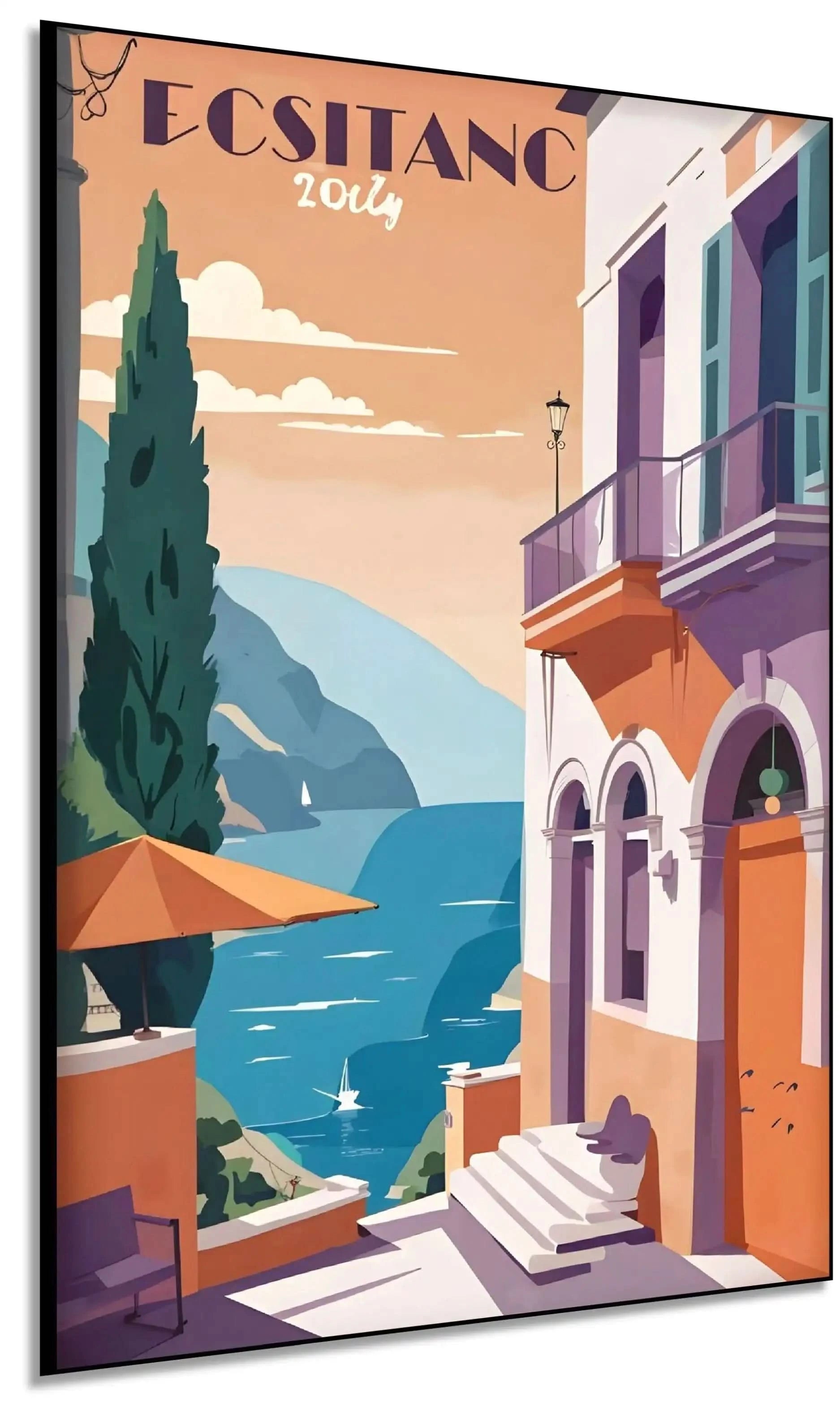 Scène méditerranéenne avec mer bleue, façades orange pastel, ambiance sereine et lumineuse, idéale pour salon moderne.