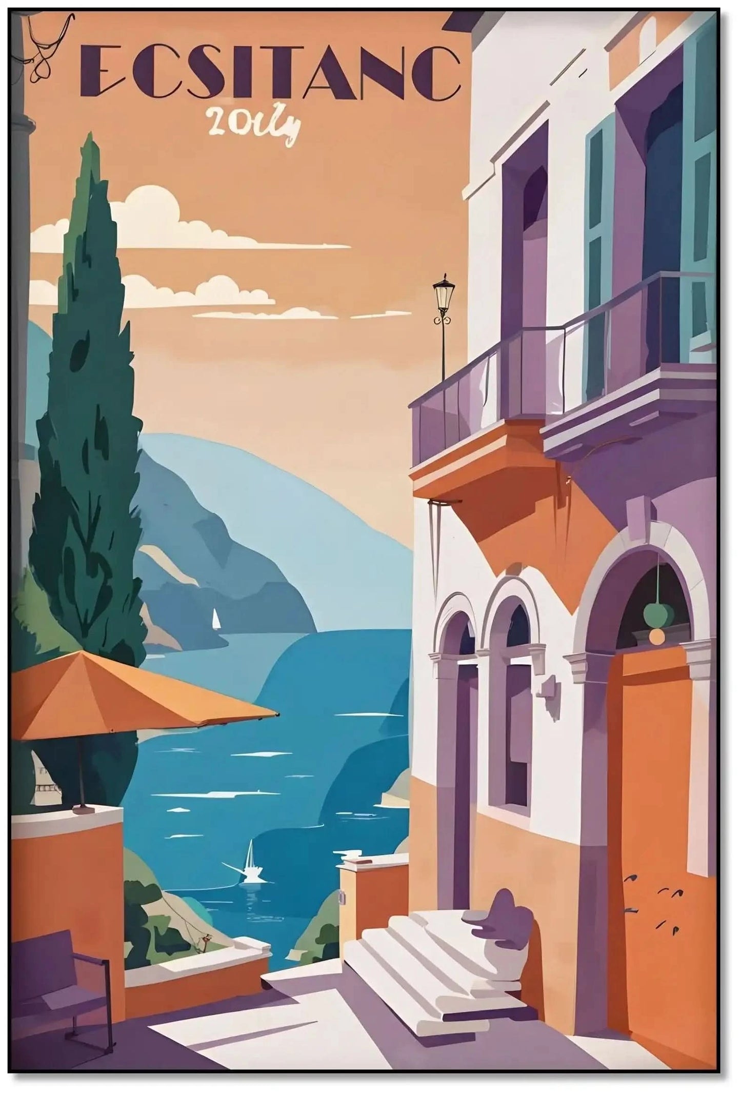 Scène méditerranéenne avec mer bleue, façades orange pastel, ambiance sereine et lumineuse, idéale pour salon moderne.