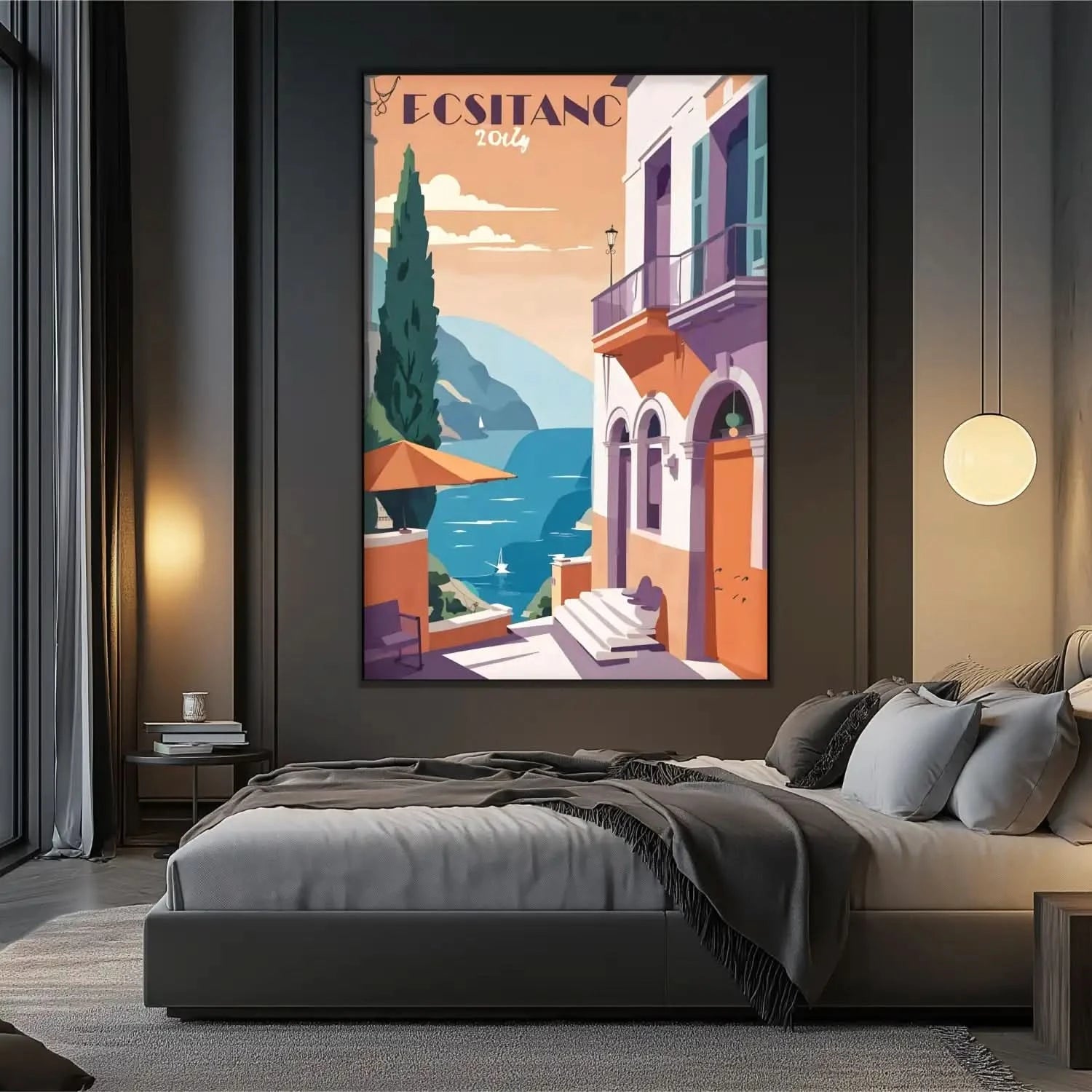 Scène méditerranéenne avec mer bleue, façades orange pastel, ambiance sereine et lumineuse, idéale pour salon moderne.