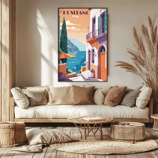 Scène méditerranéenne avec mer bleue, façades orange pastel, ambiance sereine et lumineuse, idéale pour salon moderne.