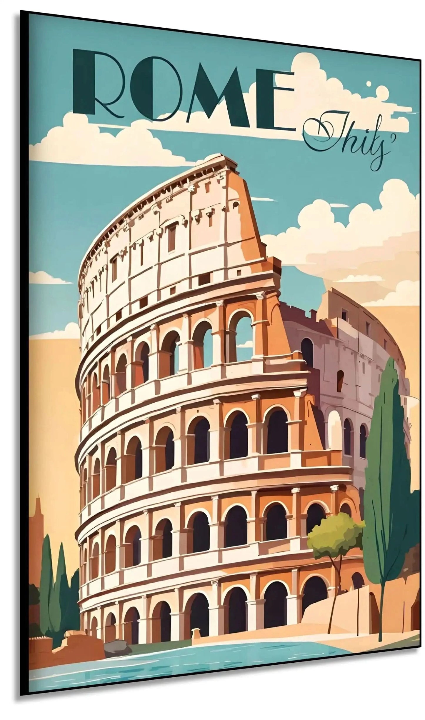 Illustration stylisée du Colisée de Rome avec teintes ocre et bleu, ambiance nostalgique et moderne pour salon ou bureau.