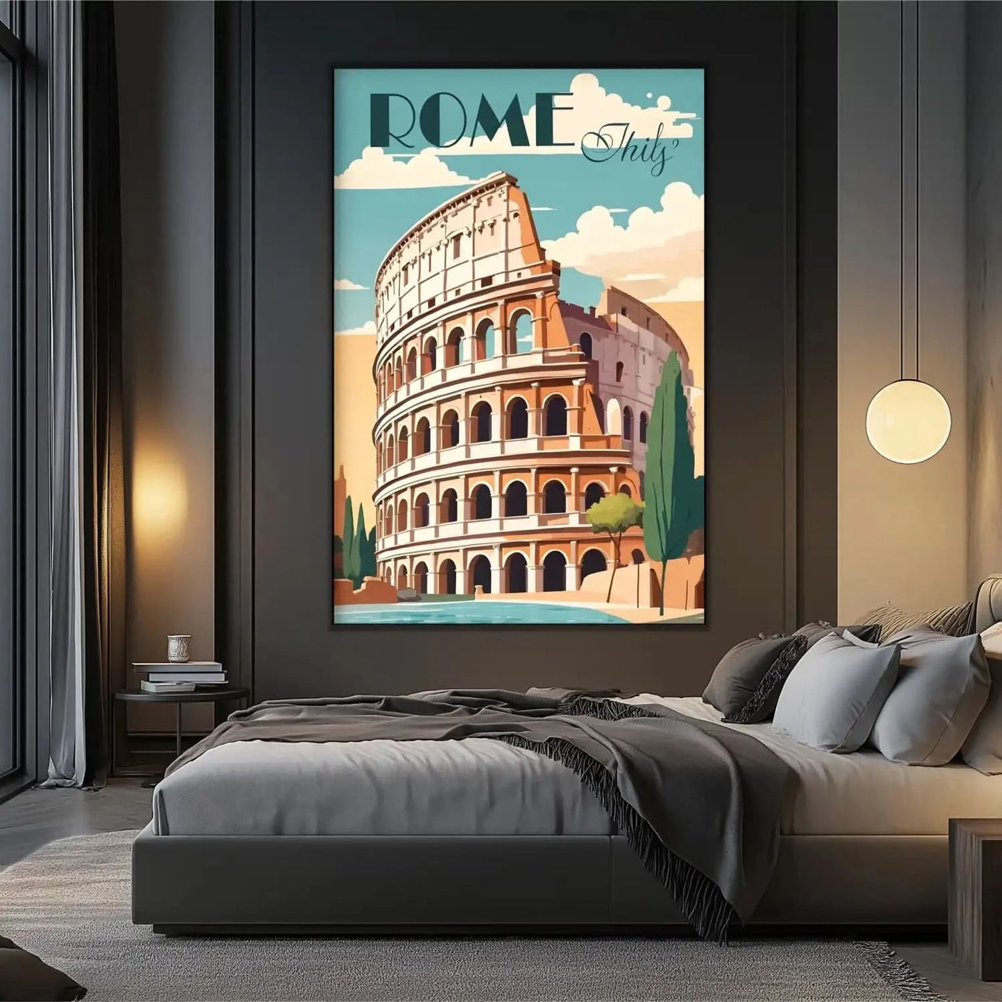 Illustration stylisée du Colisée de Rome avec teintes ocre et bleu, ambiance nostalgique et moderne pour salon ou bureau.