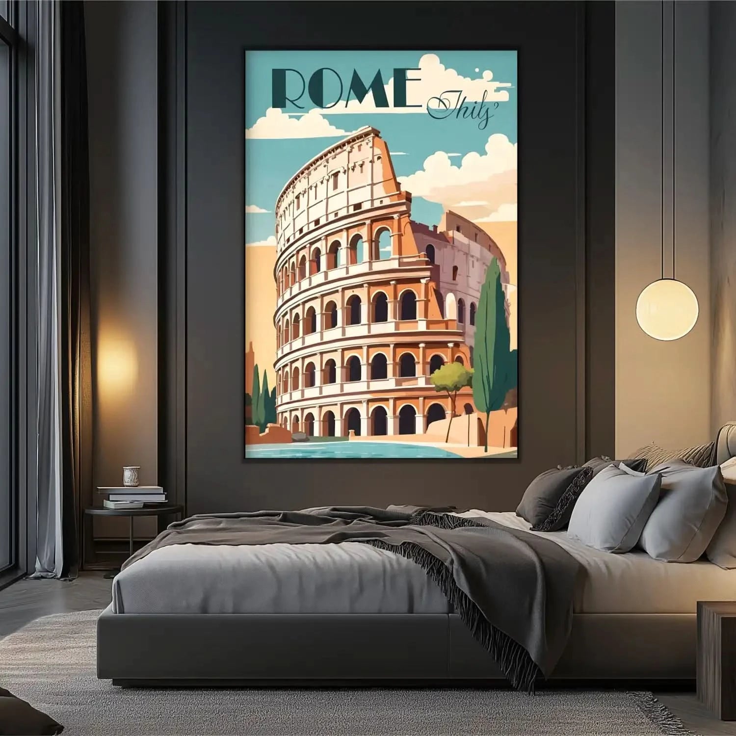 Illustration stylisée du Colisée de Rome avec teintes ocre et bleu, ambiance nostalgique et moderne pour salon ou bureau.