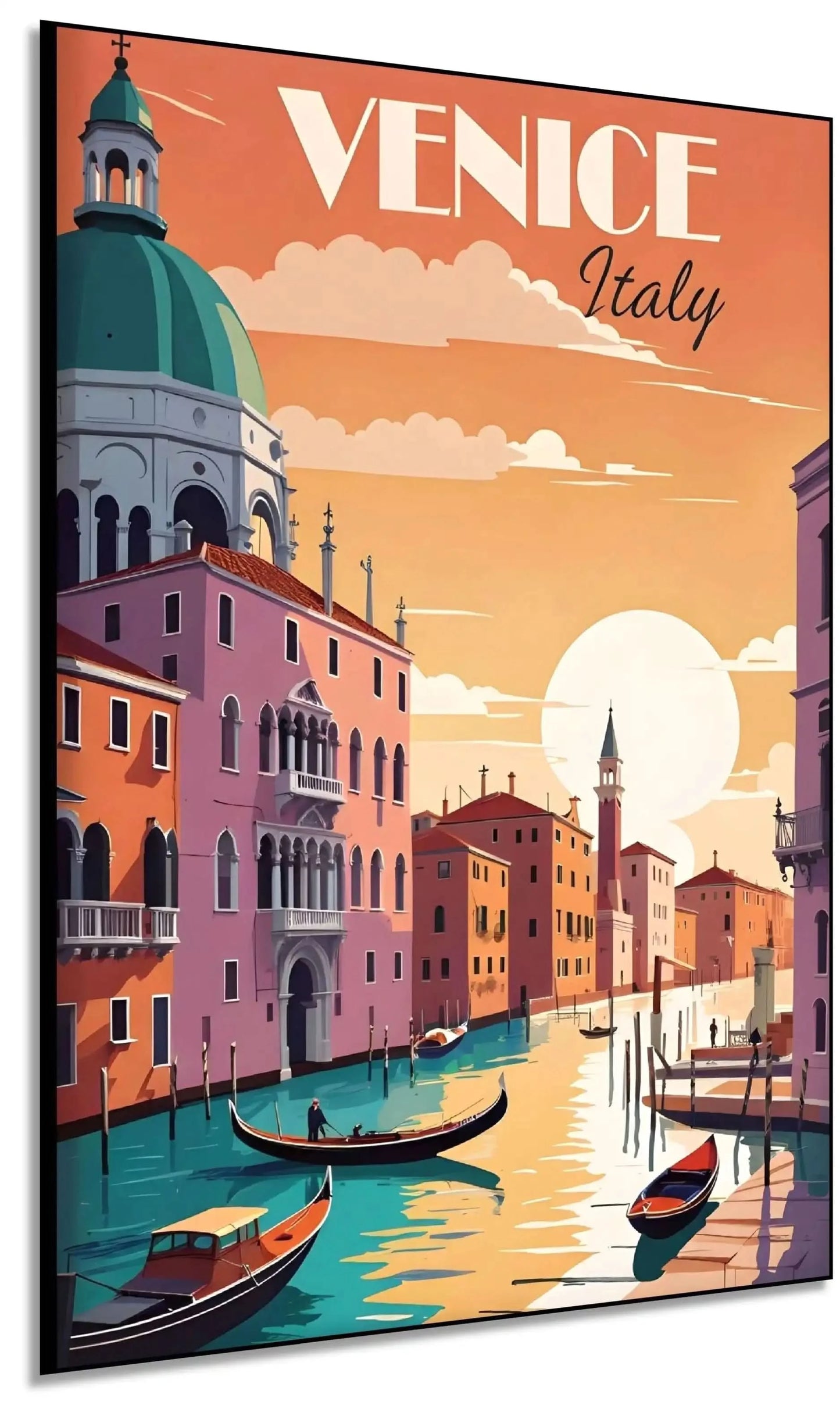 Scène romantique de Venise avec teintes chaudes d'orange et rose, gondoles sur canaux, ambiance sereine et nostalgique.