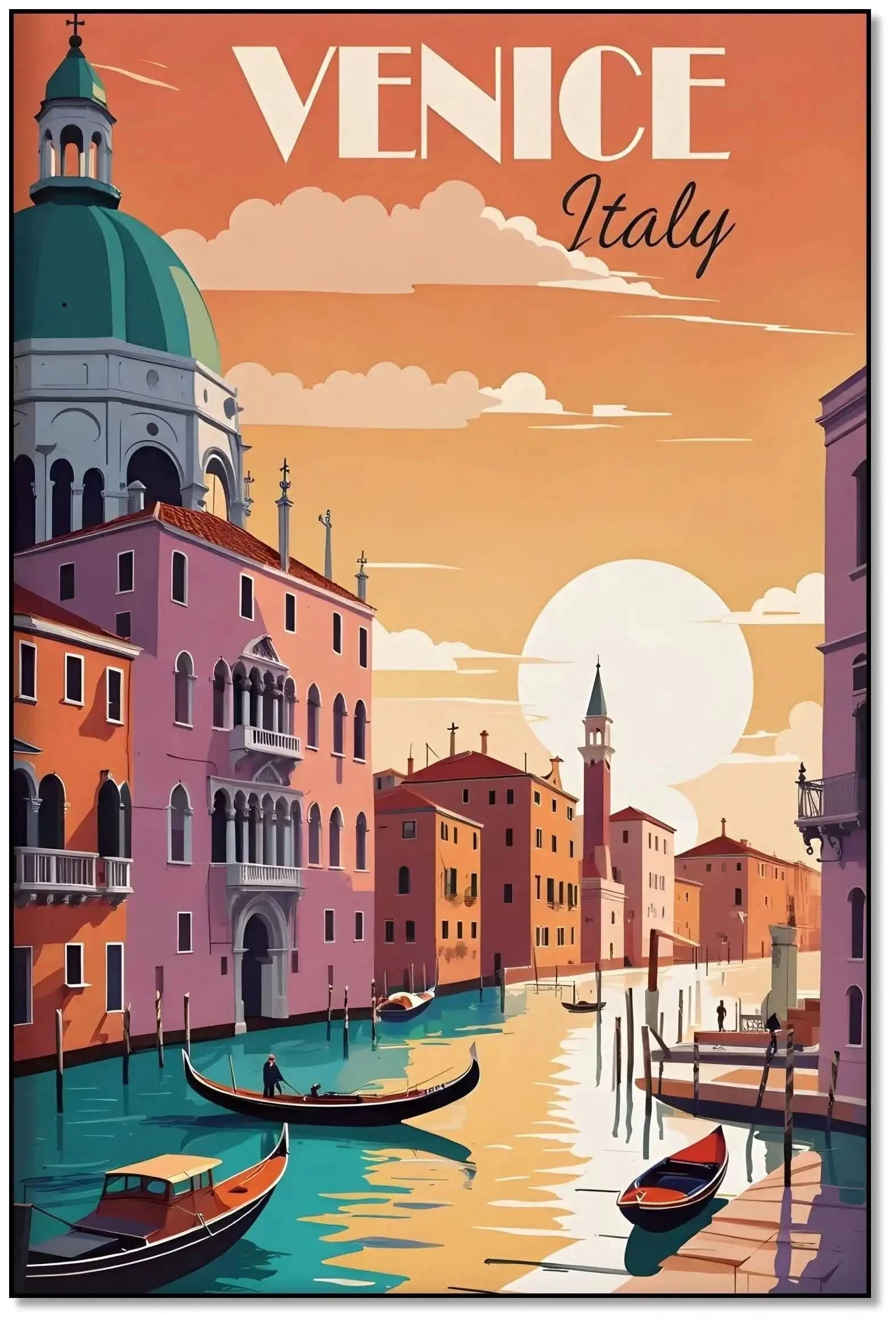 Scène romantique de Venise avec teintes chaudes d'orange et rose, gondoles sur canaux, ambiance sereine et nostalgique.