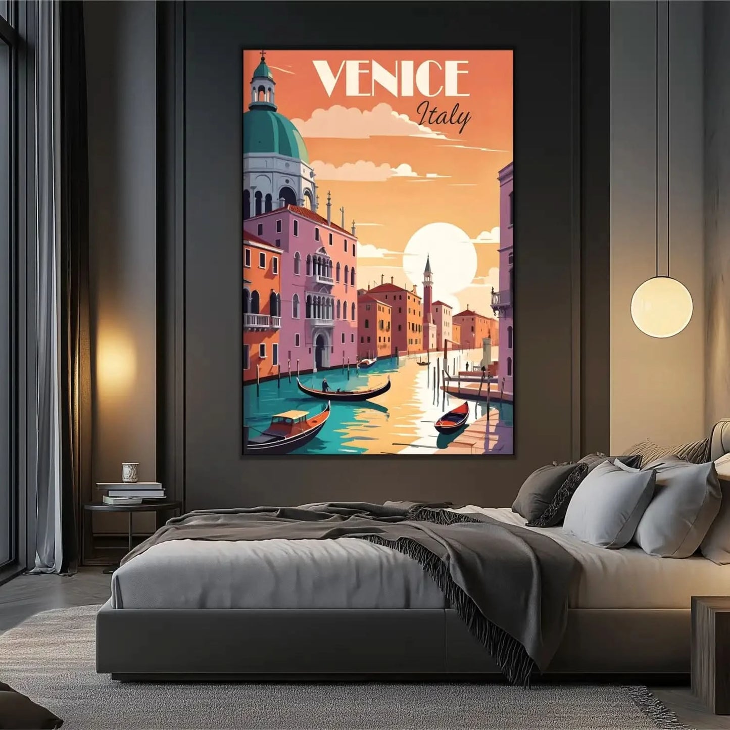 Scène romantique de Venise avec teintes chaudes d'orange et rose, gondoles sur canaux, ambiance sereine et nostalgique.