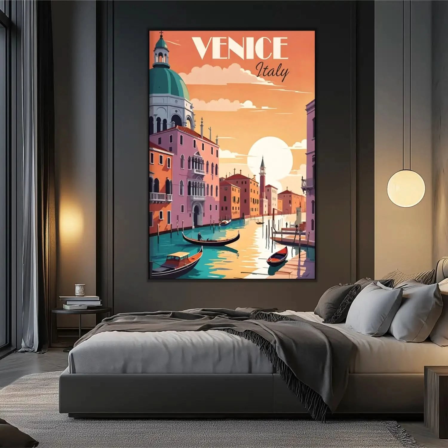 Scène romantique de Venise avec teintes chaudes d'orange et rose, gondoles sur canaux, ambiance sereine et nostalgique.