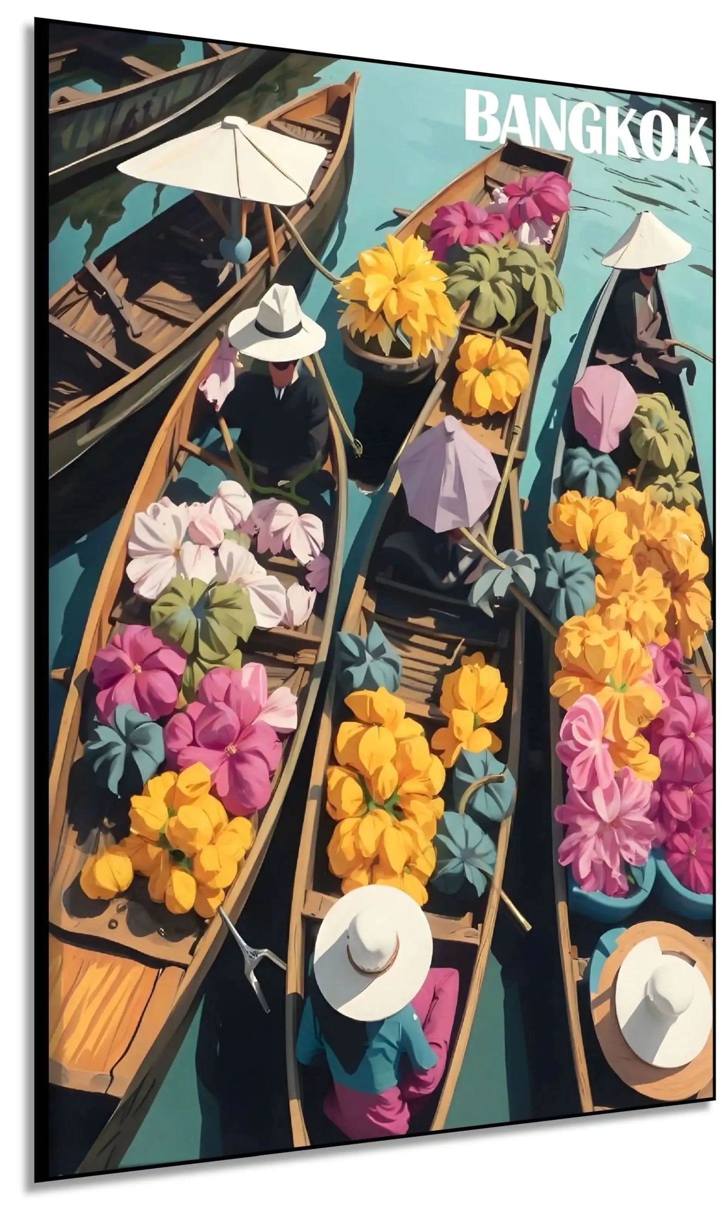 Tableau de marché flottant avec barques en bois, fleurs colorées et chapeaux blancs, ambiance exotique et dynamique pour salo